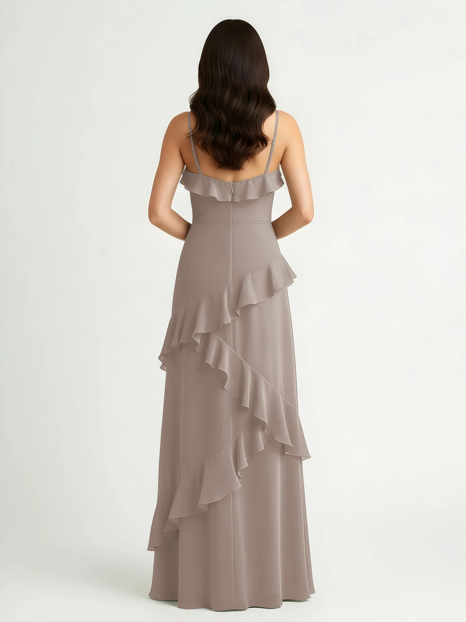 A-Line Chiffon Ruffle Floor Length V-Neck Dresses Taupe - Image 2