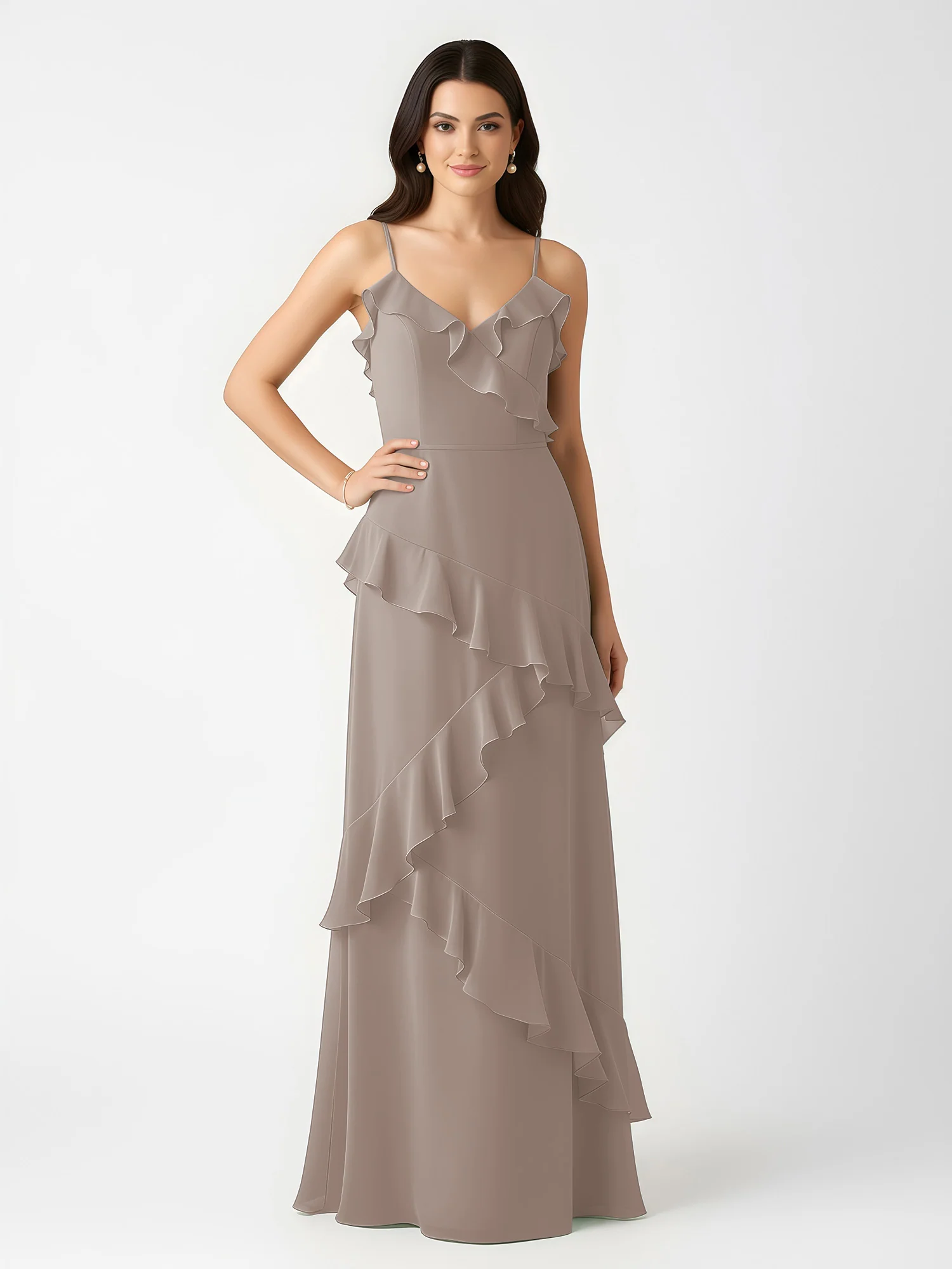 A-Line Chiffon Ruffle Floor Length V-Neck Dresses Taupe - Image 3
