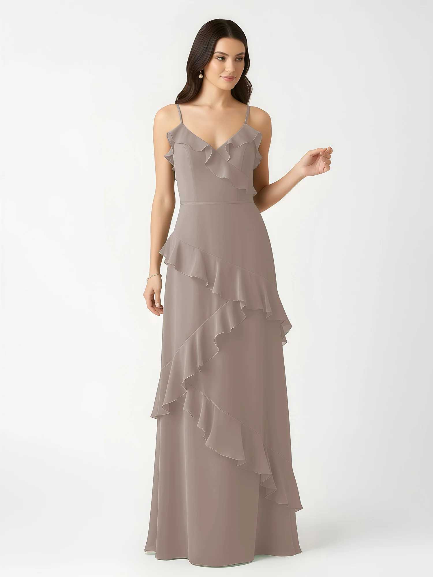 A-Line Chiffon Ruffle Floor Length V-Neck Dresses Taupe - Image 4