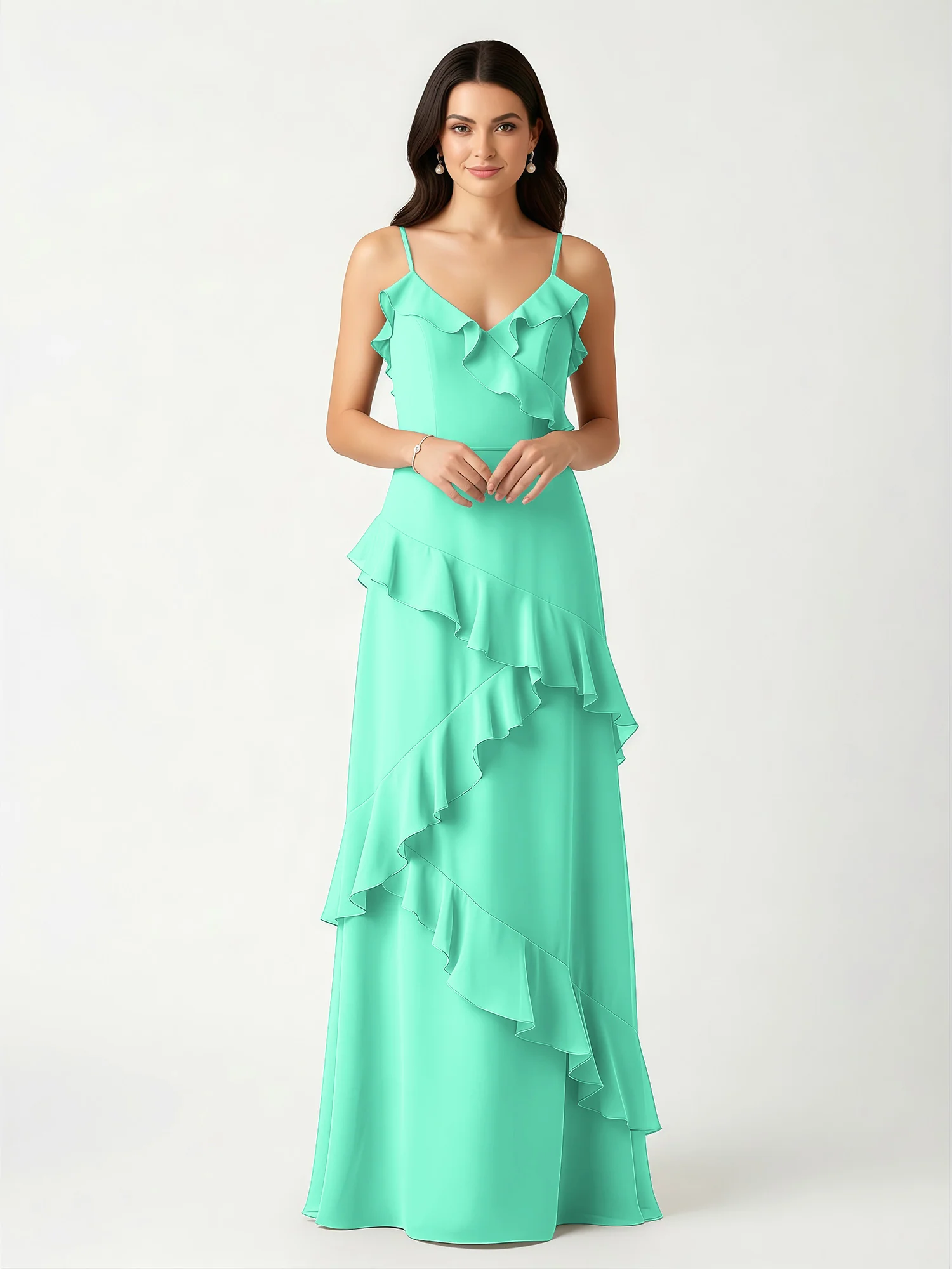 A-Line Chiffon Ruffle Floor Length V-Neck Dresses Turquoise