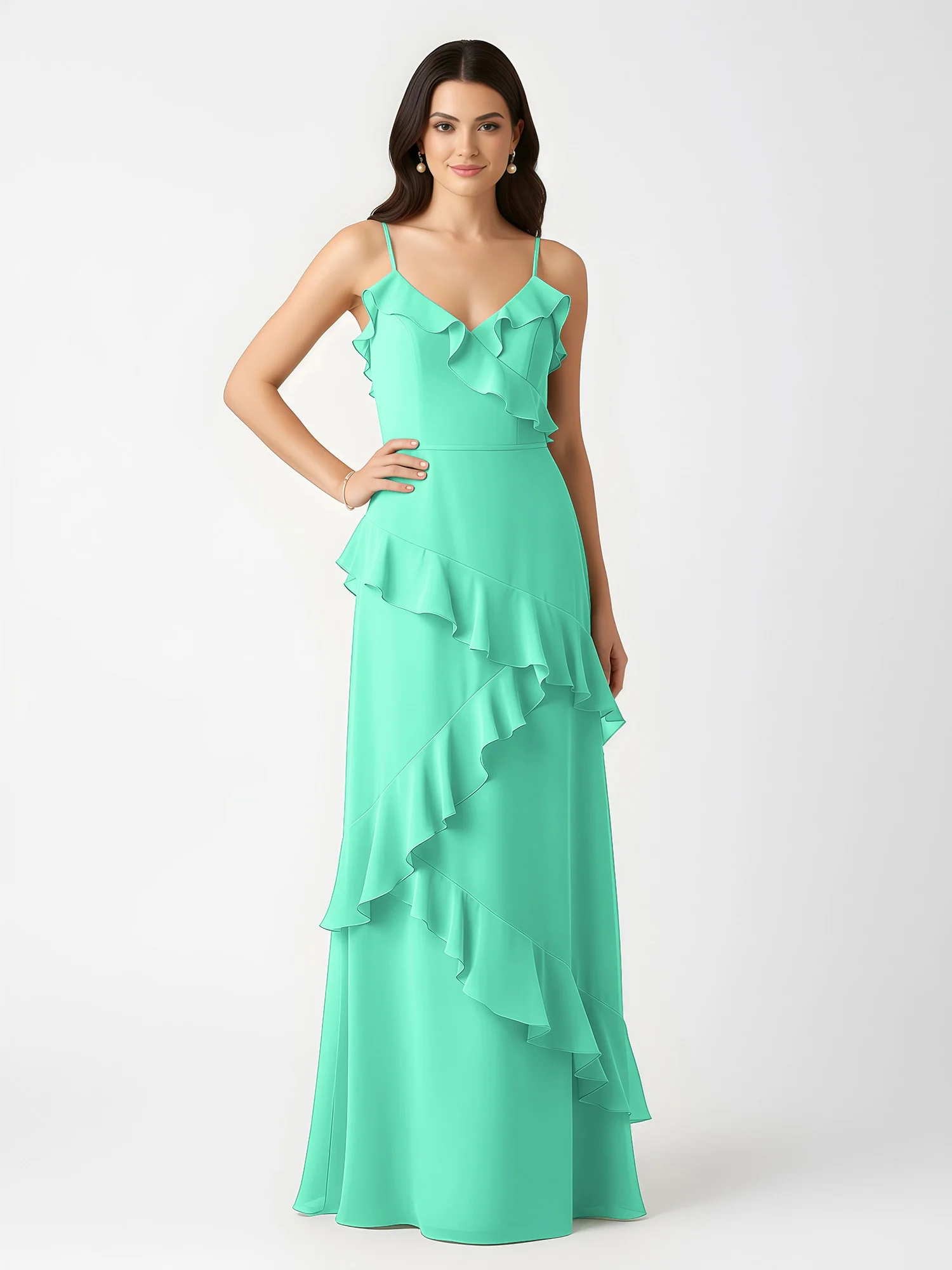 A-Line Chiffon Ruffle Floor Length V-Neck Dresses Turquoise - Image 3