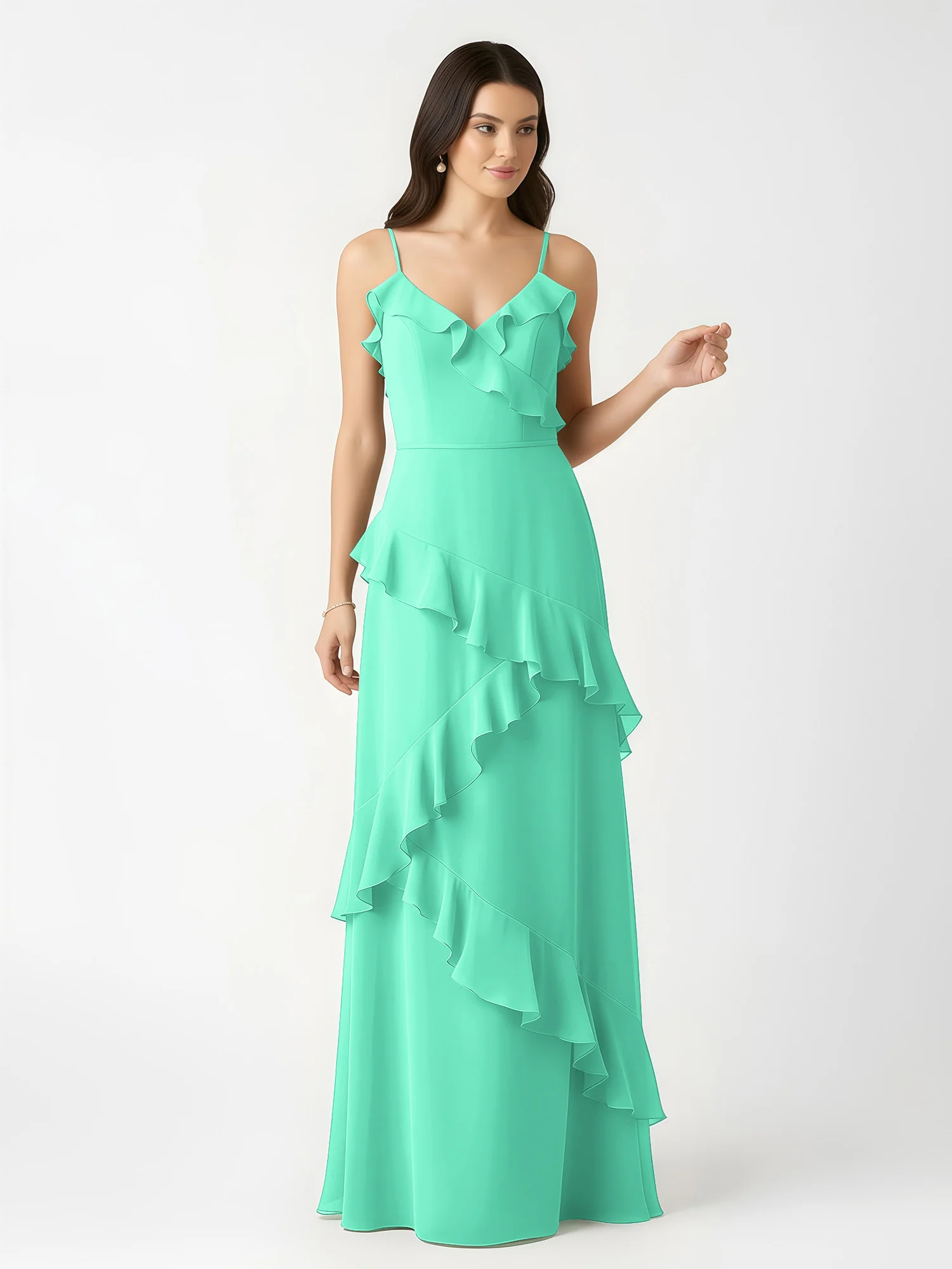 A-Line Chiffon Ruffle Floor Length V-Neck Dresses Turquoise - Image 4