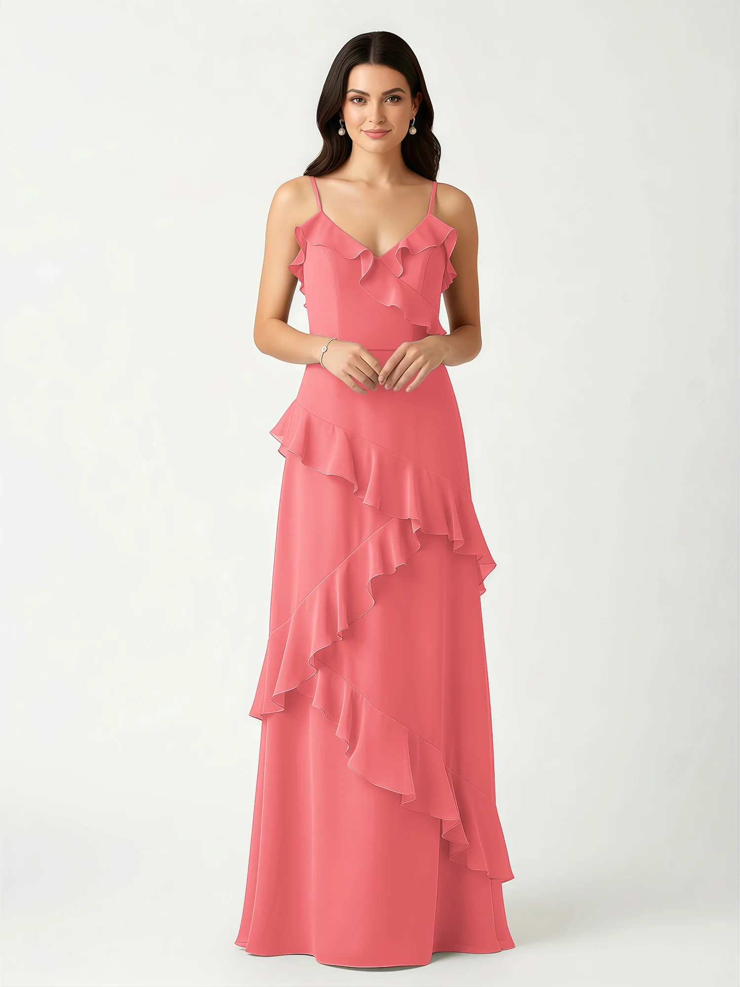 A-Line Chiffon Ruffle Floor Length V-Neck Dresses Watermelon