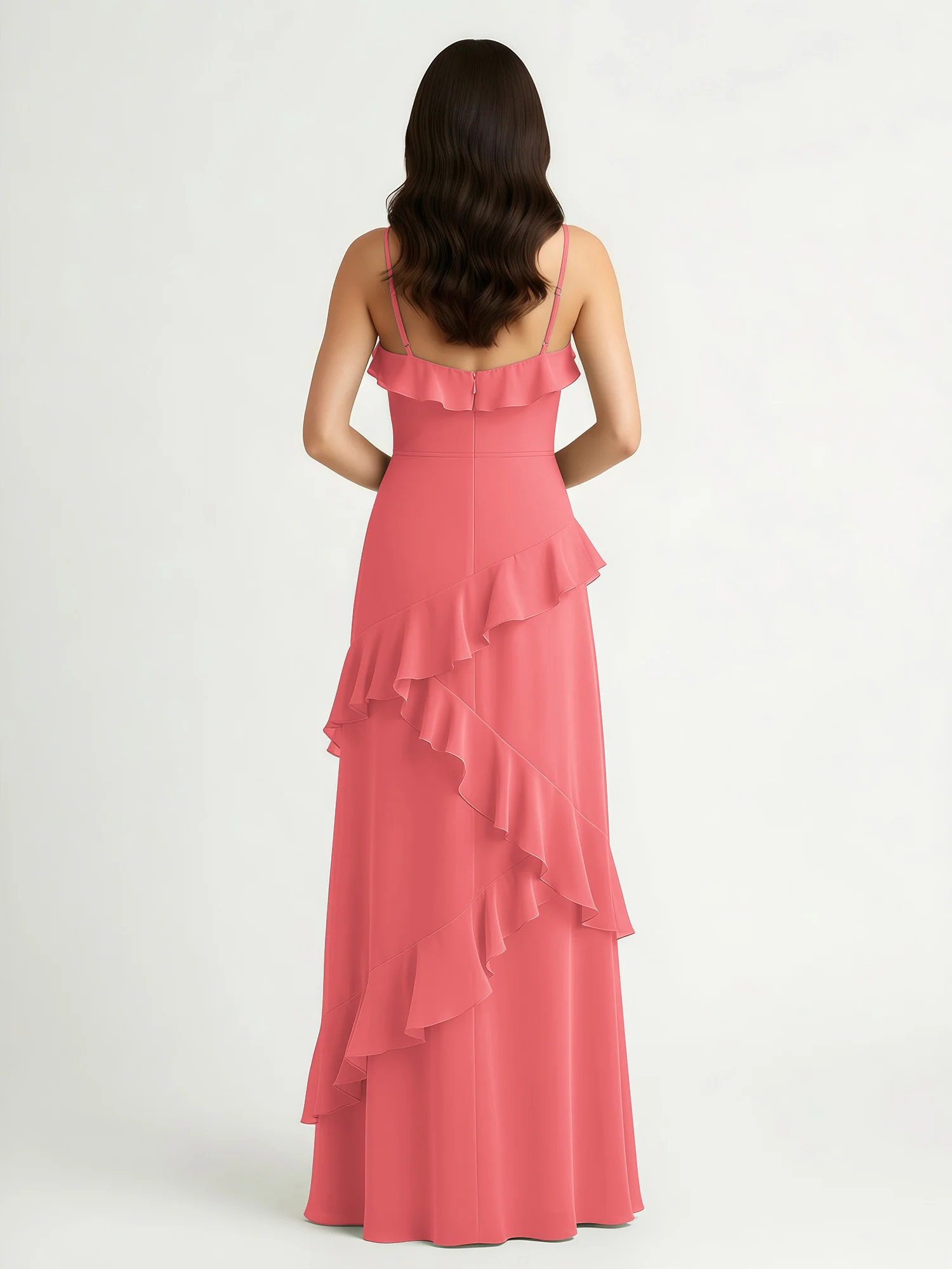 A-Line Chiffon Ruffle Floor Length V-Neck Dresses Watermelon - Image 2