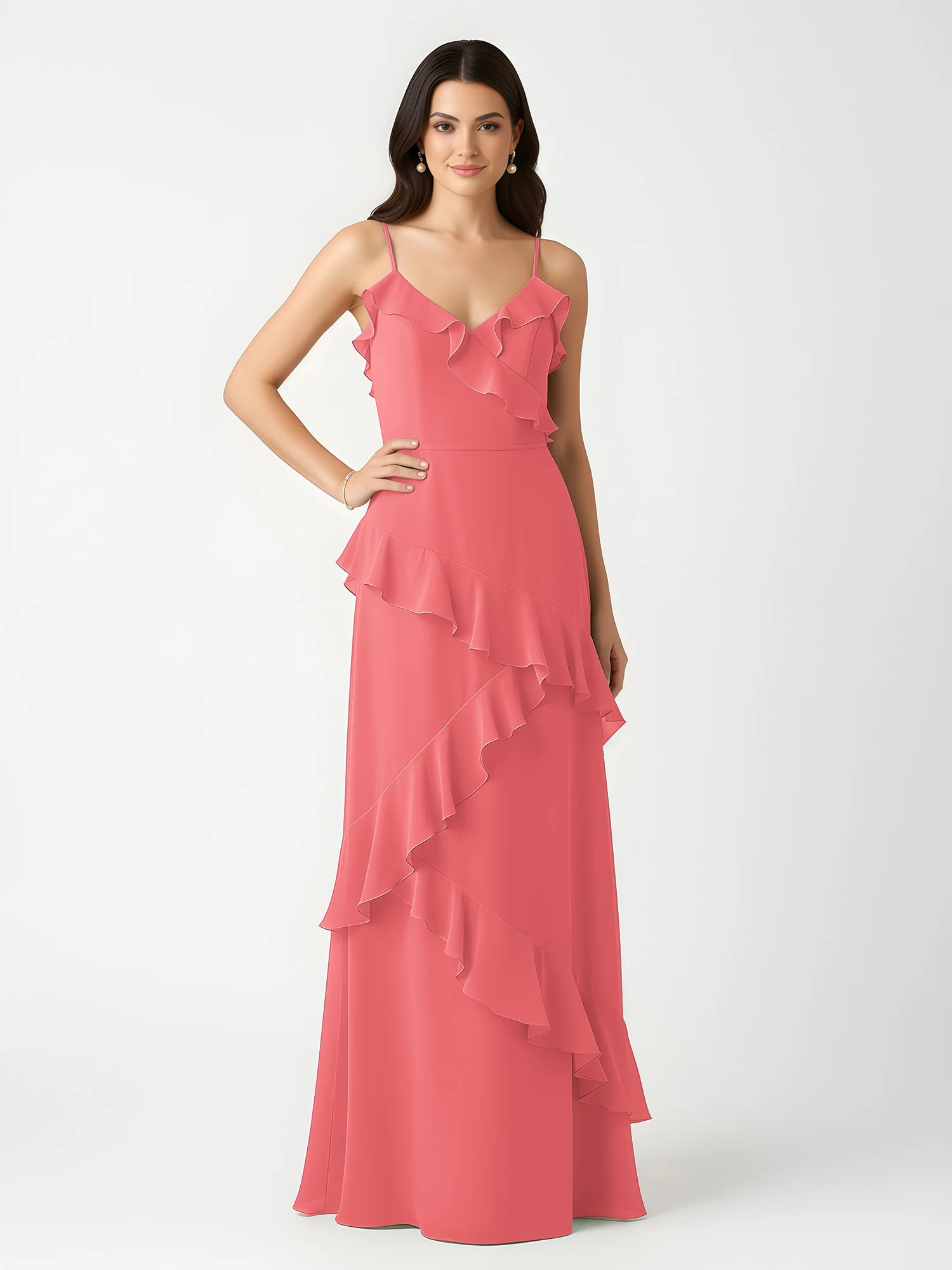 A-Line Chiffon Ruffle Floor Length V-Neck Dresses Watermelon - Image 3