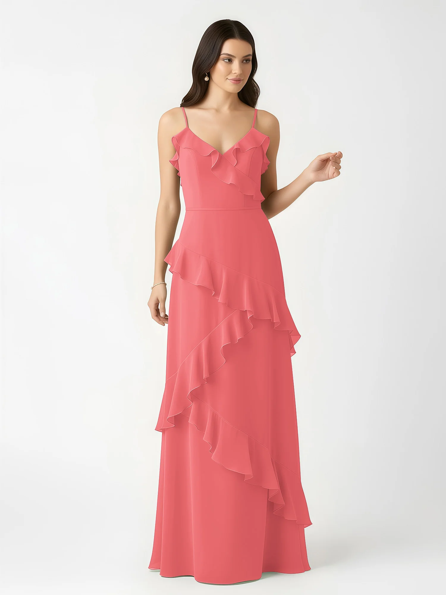 A-Line Chiffon Ruffle Floor Length V-Neck Dresses Watermelon - Image 4