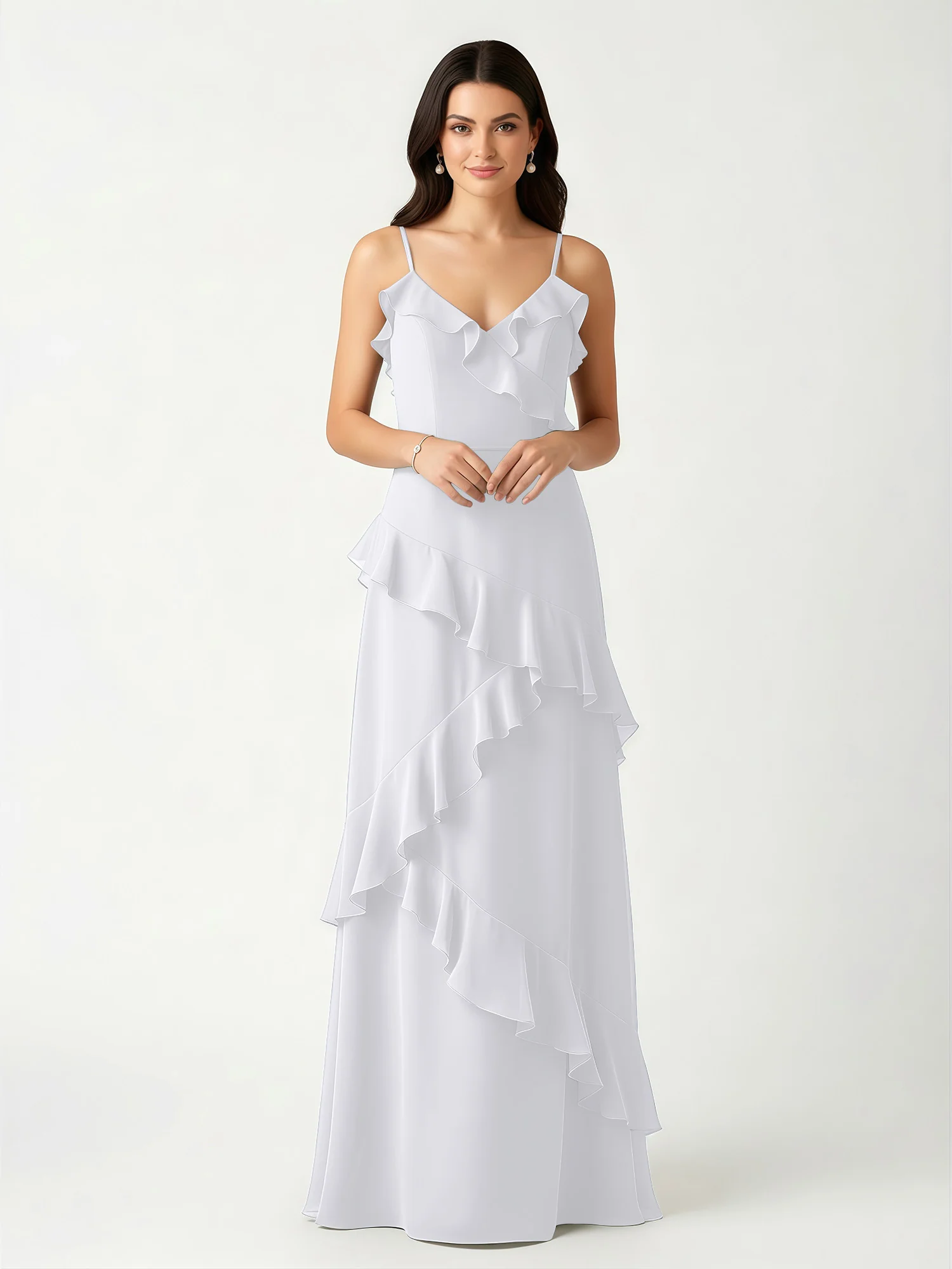 A-Line Chiffon Ruffle Floor Length V-Neck Dresses White
