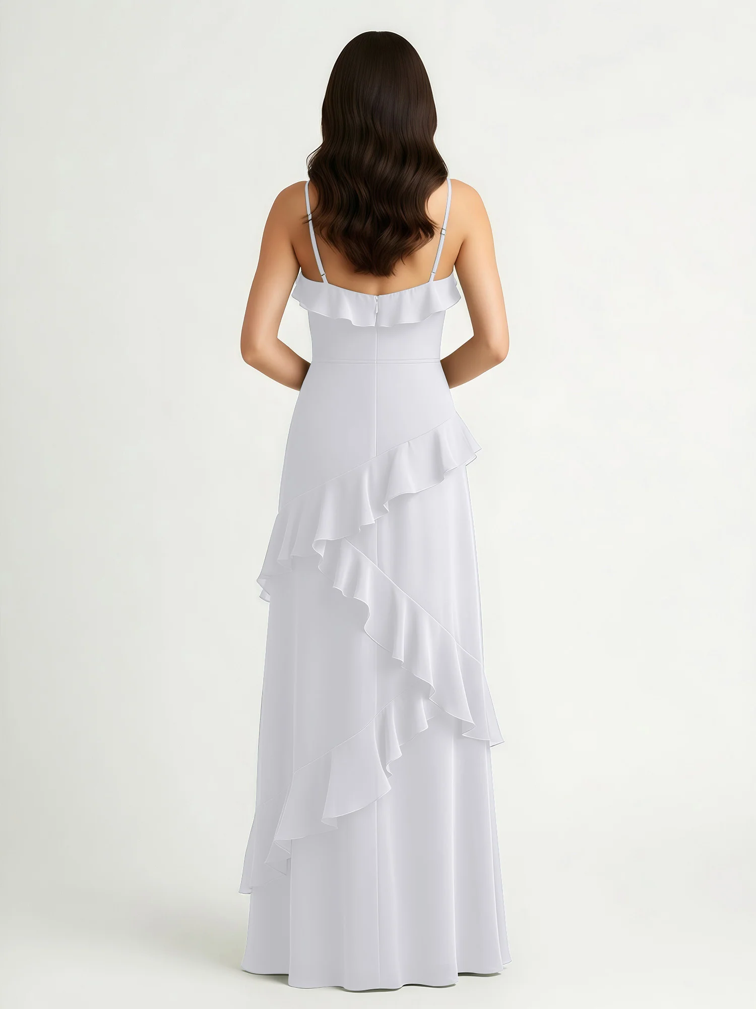 A-Line Chiffon Ruffle Floor Length V-Neck Dresses White - Image 2