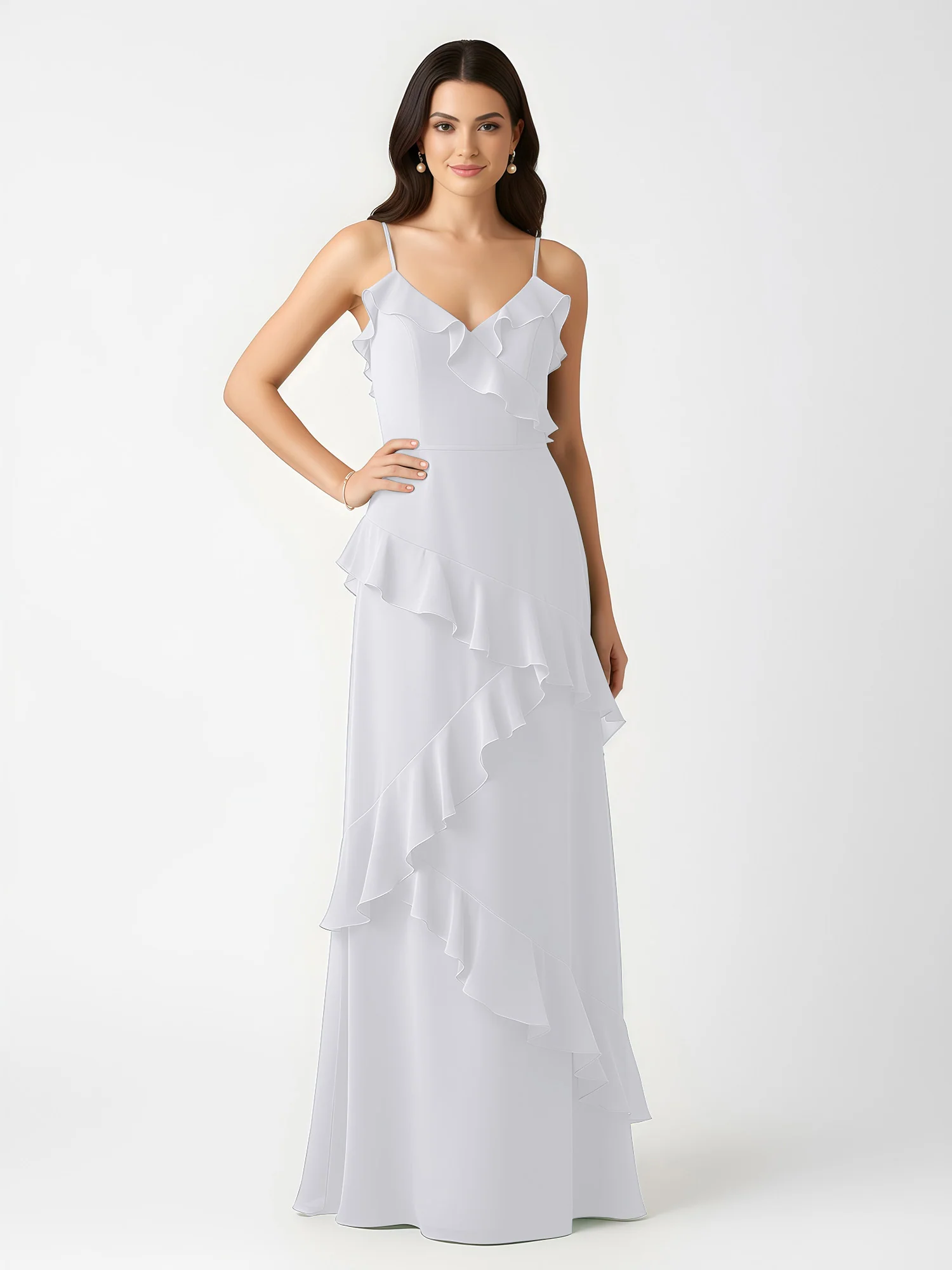 A-Line Chiffon Ruffle Floor Length V-Neck Dresses White - Image 3