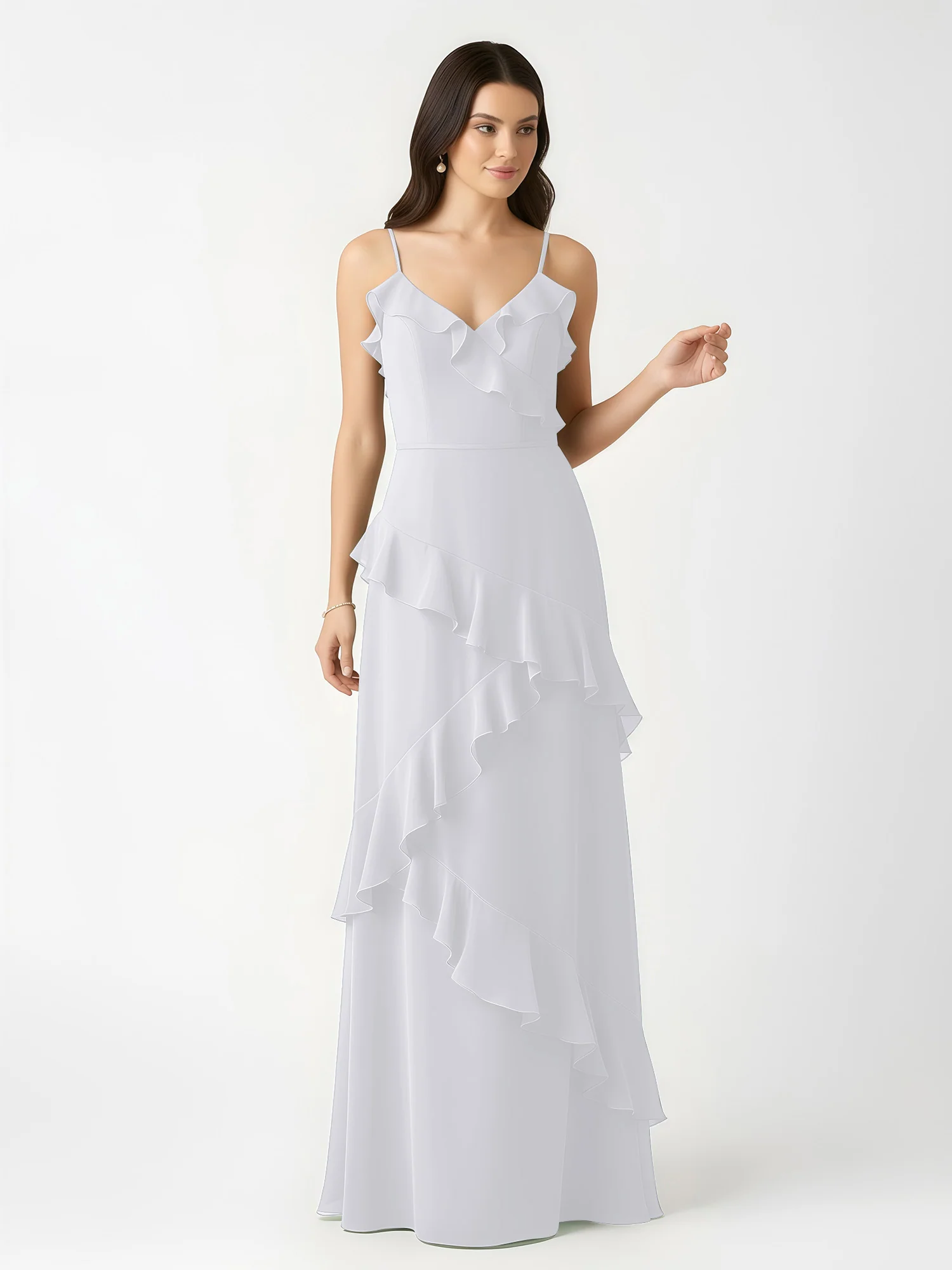 A-Line Chiffon Ruffle Floor Length V-Neck Dresses White - Image 4