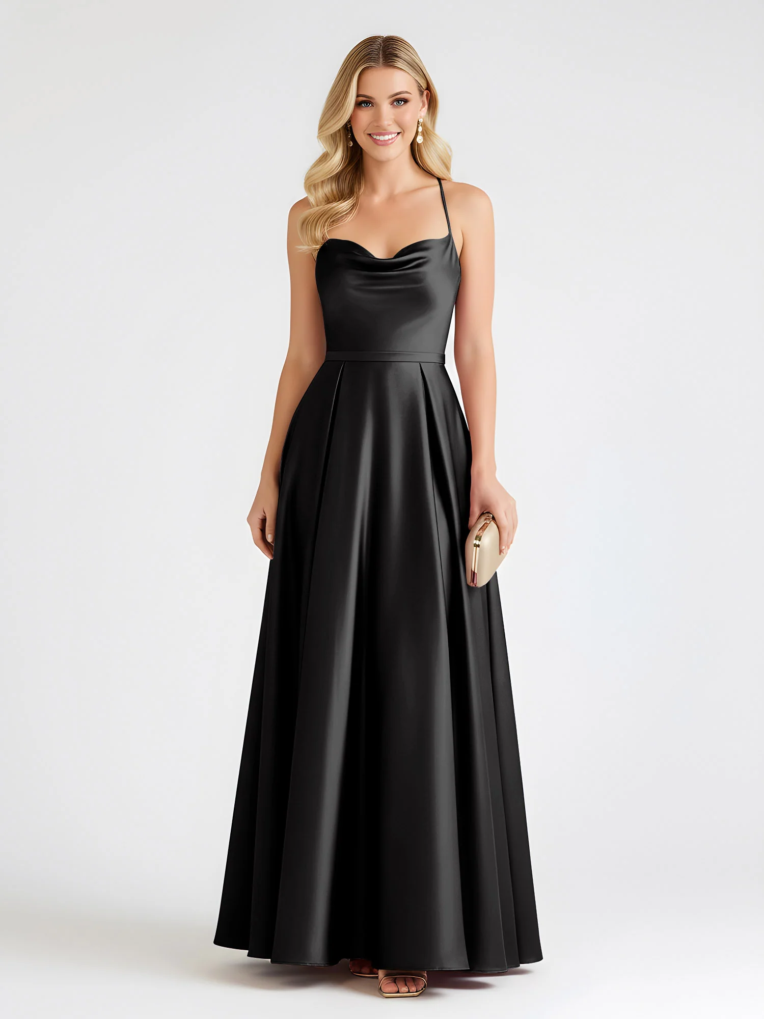 A-Line Satin Floor Length Cowl Neck Ruched Dresses Black