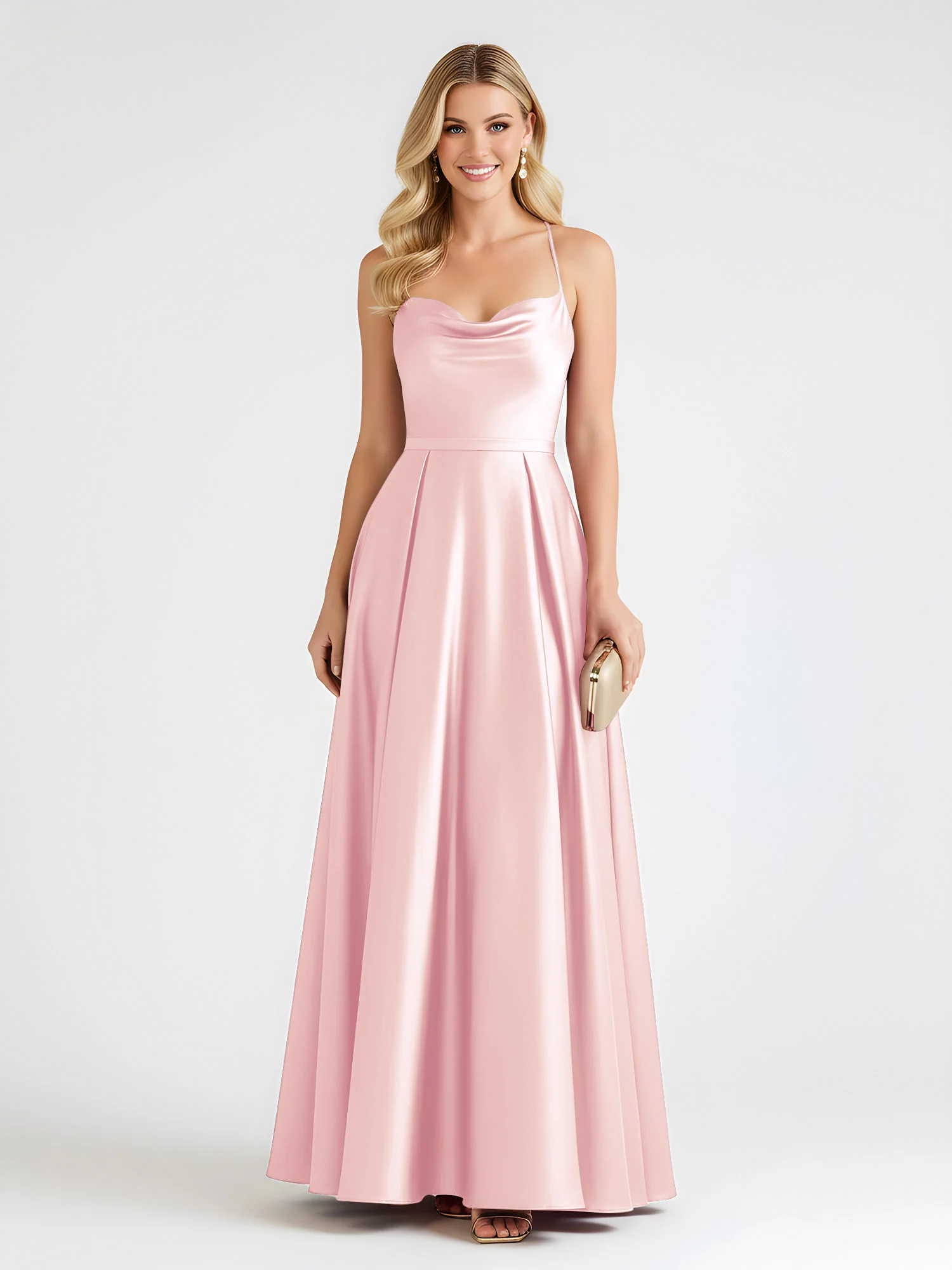 A-Line Satin Floor Length Cowl Neck Ruched Dresses Blushing Pink