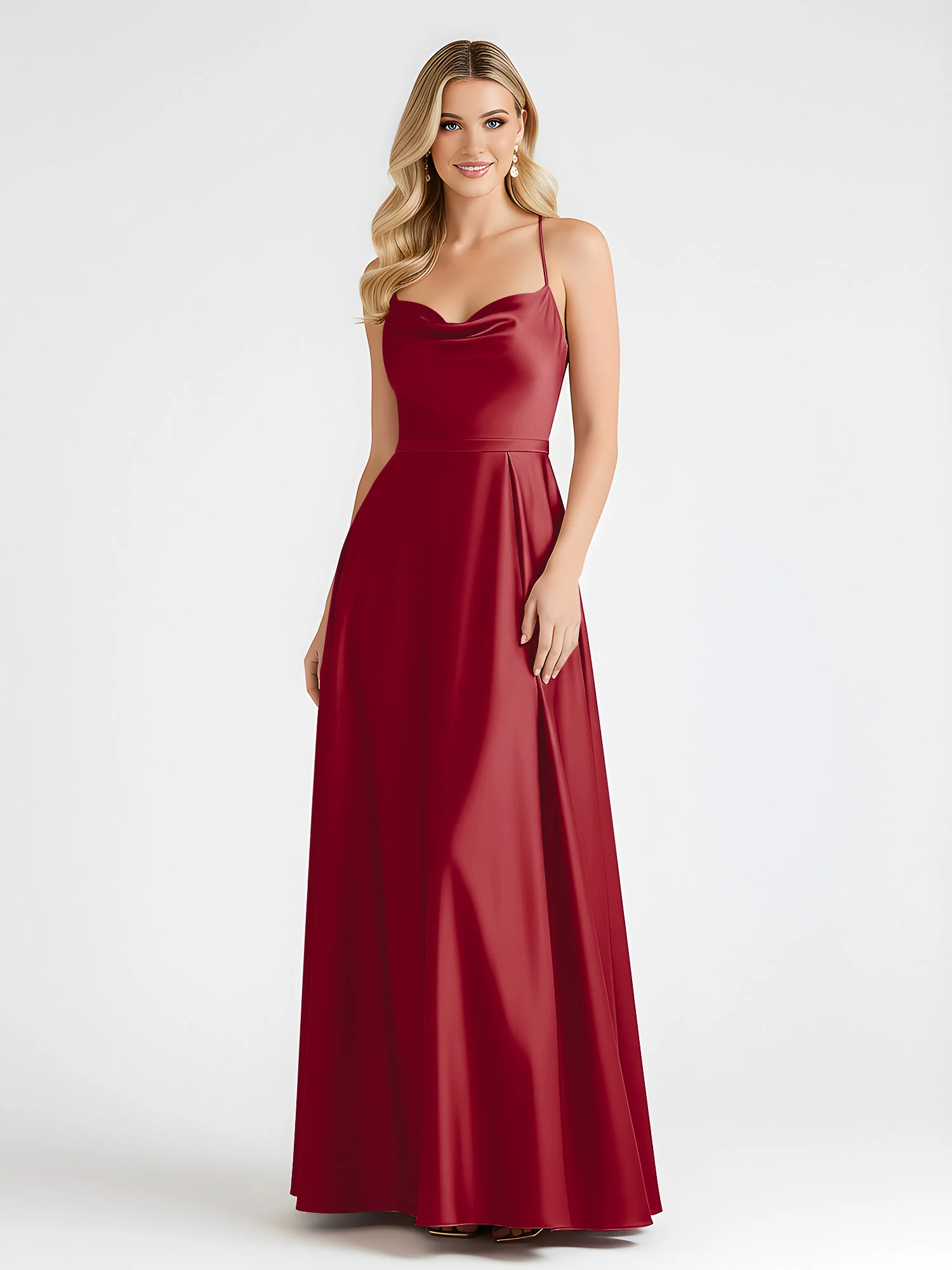 A-Line Satin Floor Length Cowl Neck Ruched Dresses Burgundy - Image 3