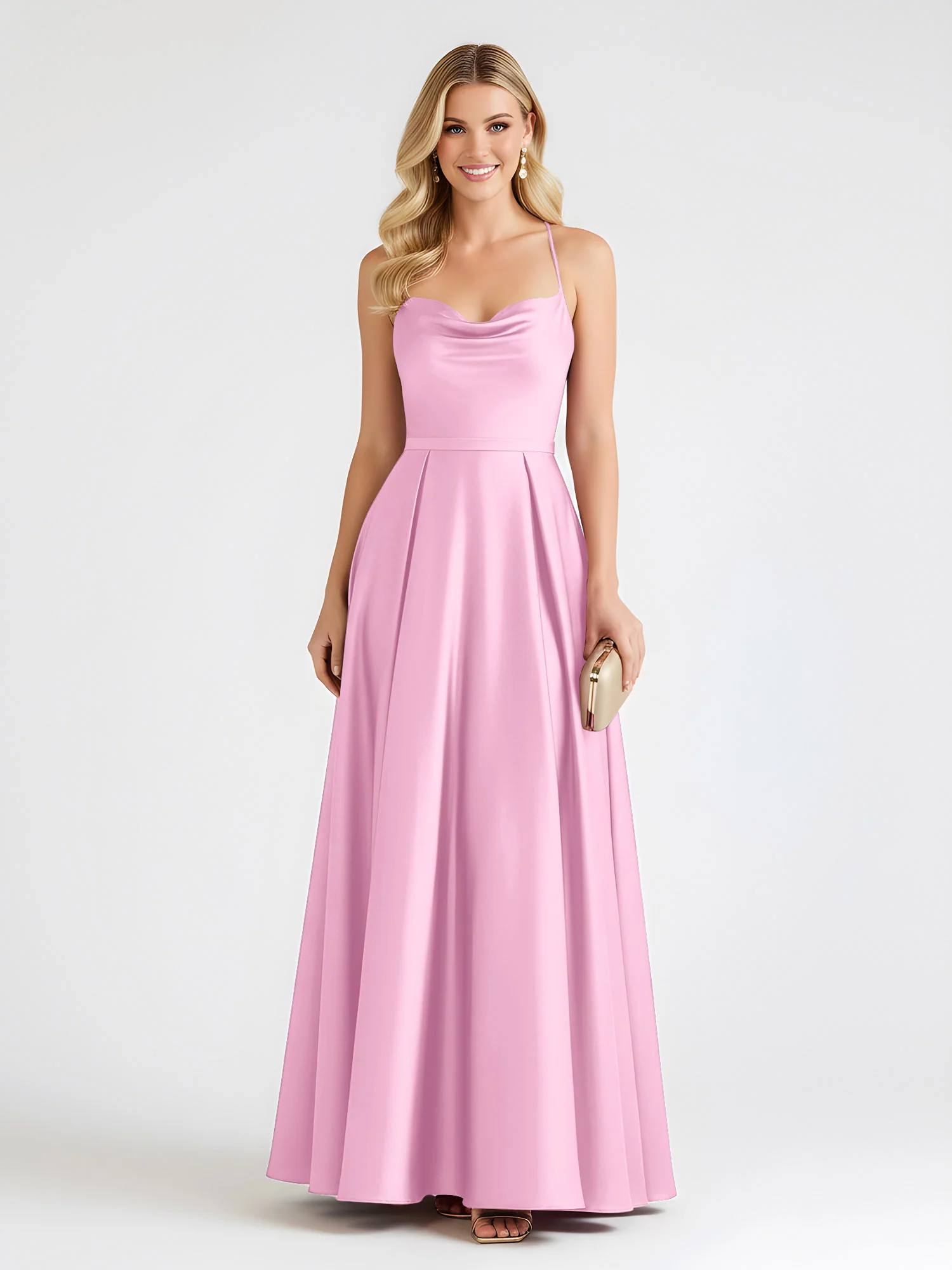 A-Line Satin Floor Length Cowl Neck Ruched Dresses Candy Pink