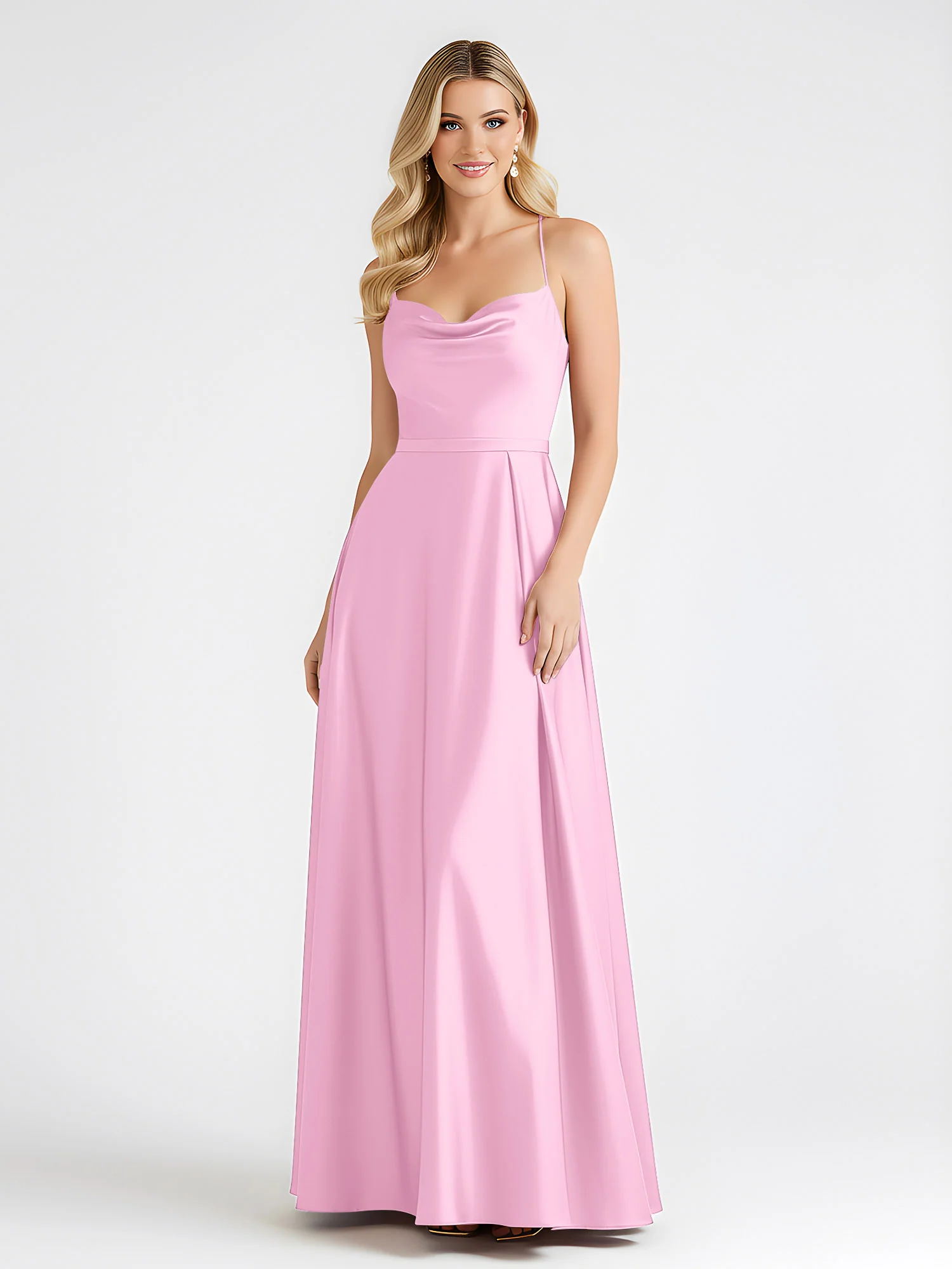 A-Line Satin Floor Length Cowl Neck Ruched Dresses Candy Pink - Image 3