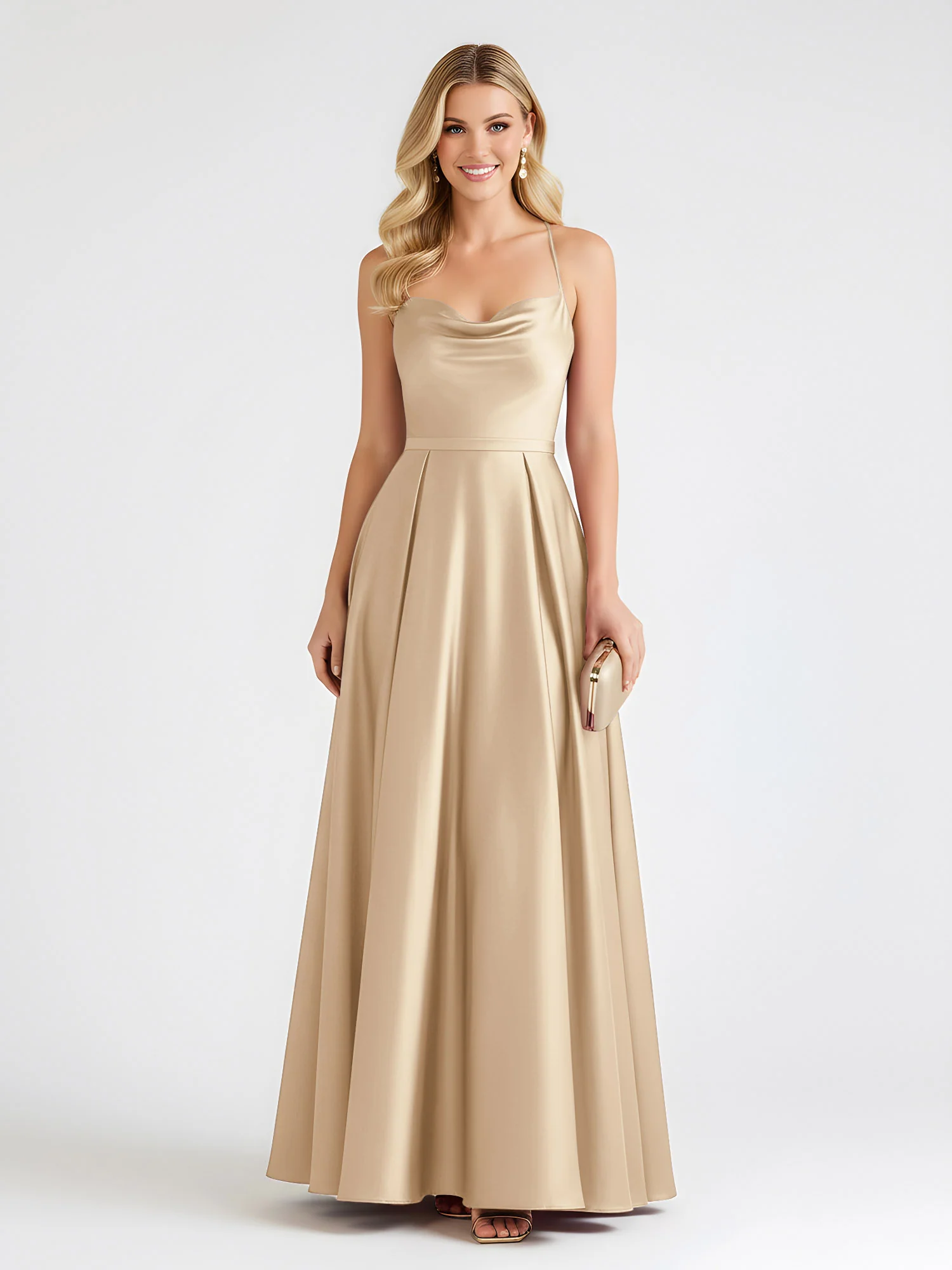 A-Line Satin Floor Length Cowl Neck Ruched Dresses Champagne