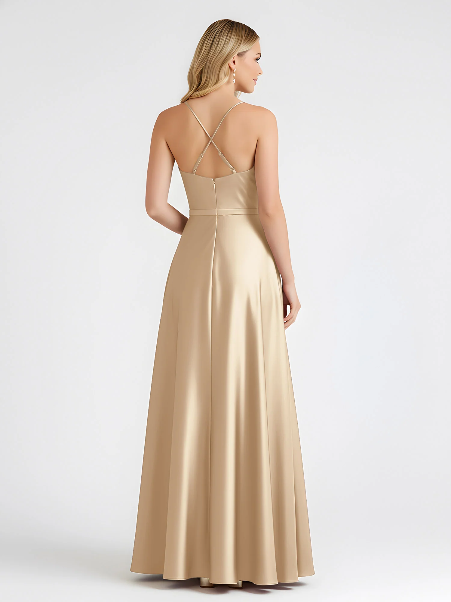 A-Line Satin Floor Length Cowl Neck Ruched Dresses Champagne - Image 2
