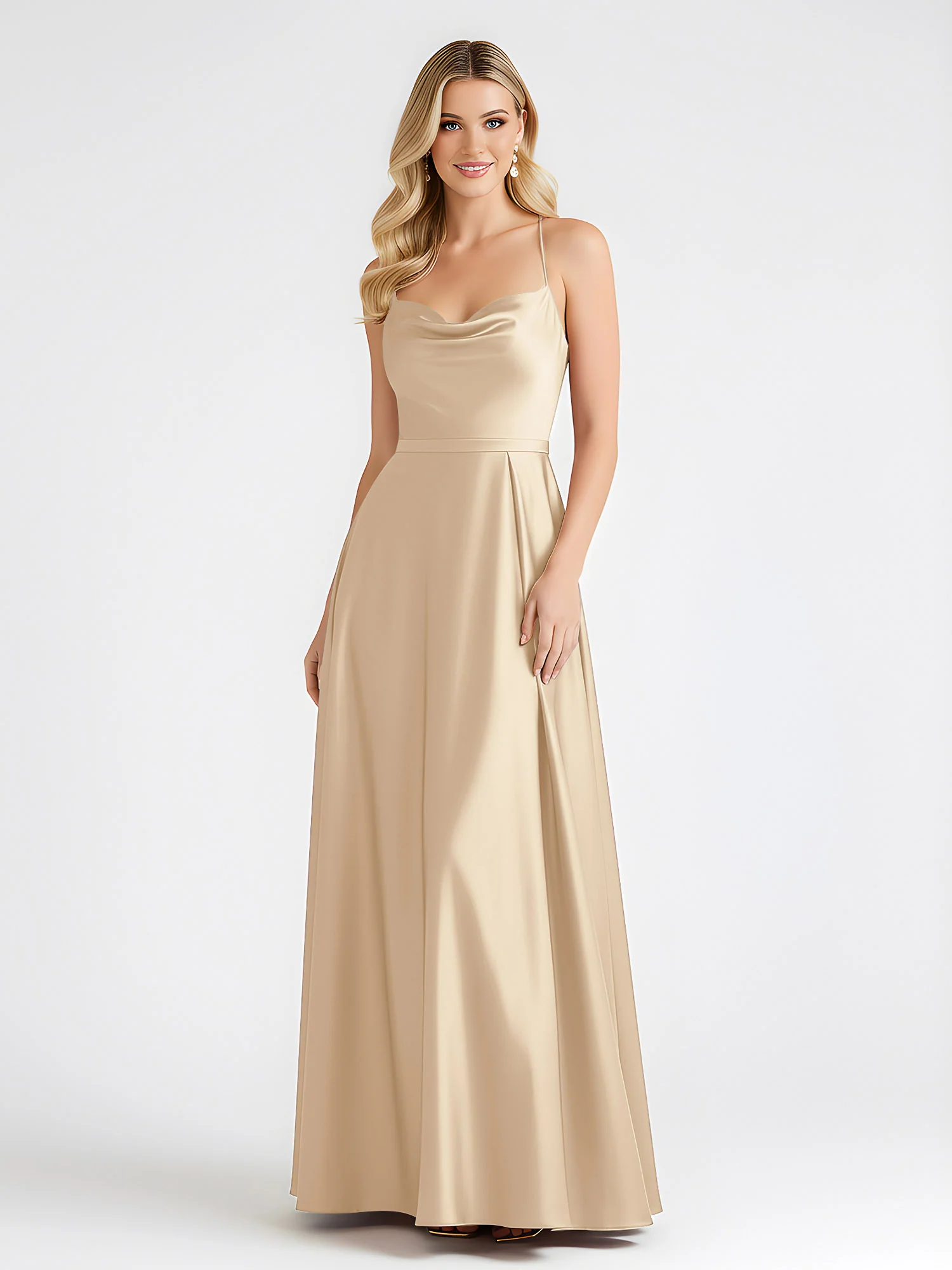 A-Line Satin Floor Length Cowl Neck Ruched Dresses Champagne - Image 3