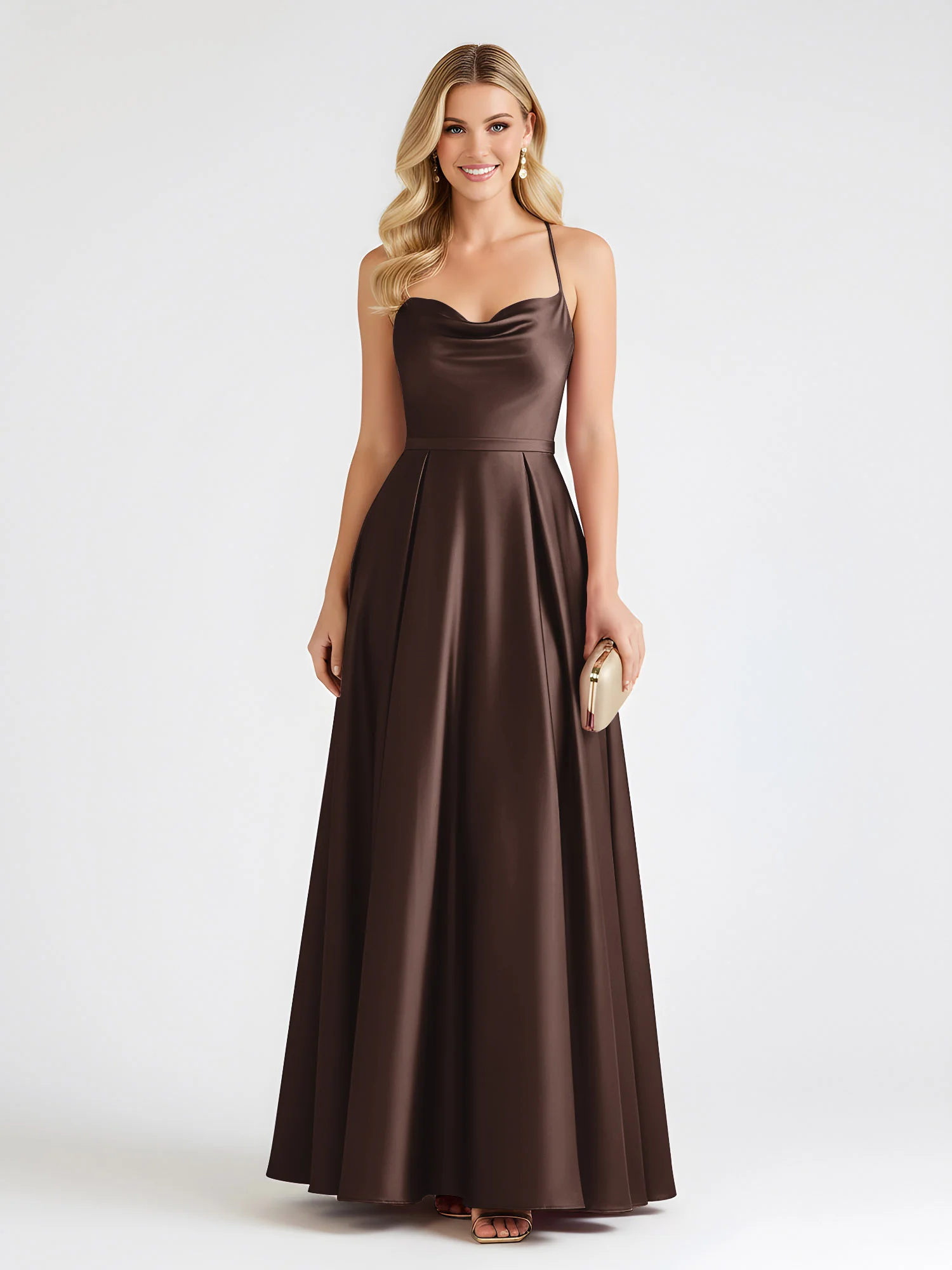 A-Line Satin Floor Length Cowl Neck Ruched Dresses Chocolate