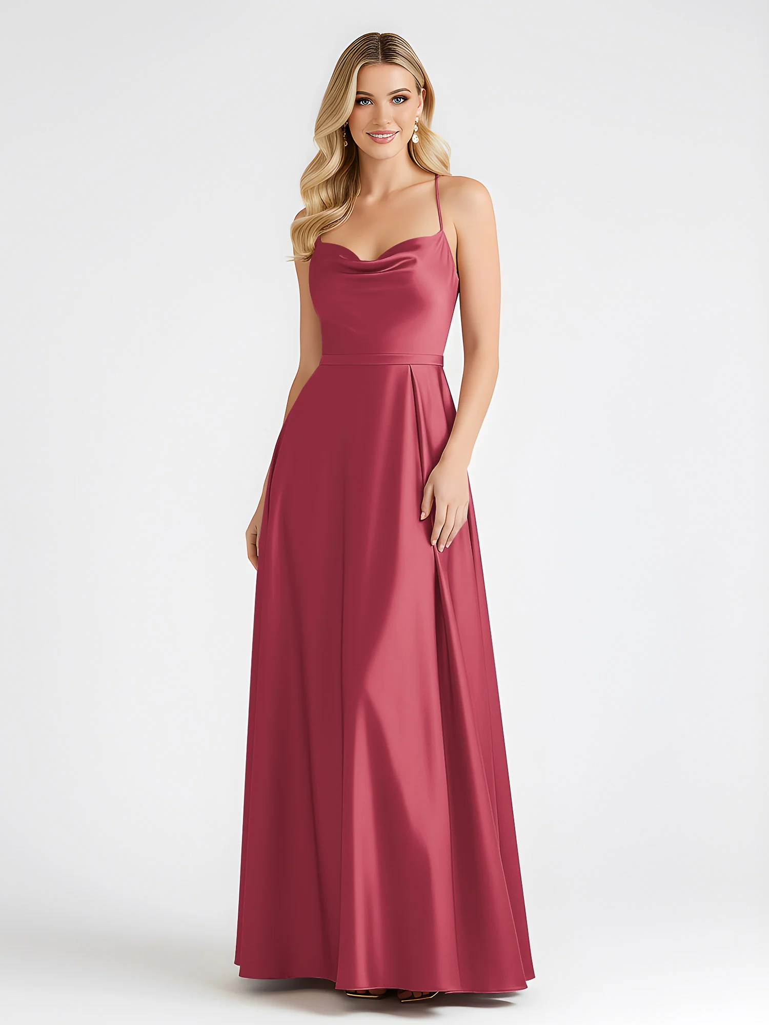 A-Line Satin Floor Length Cowl Neck Ruched Dresses Cinnamon Rose - Image 3