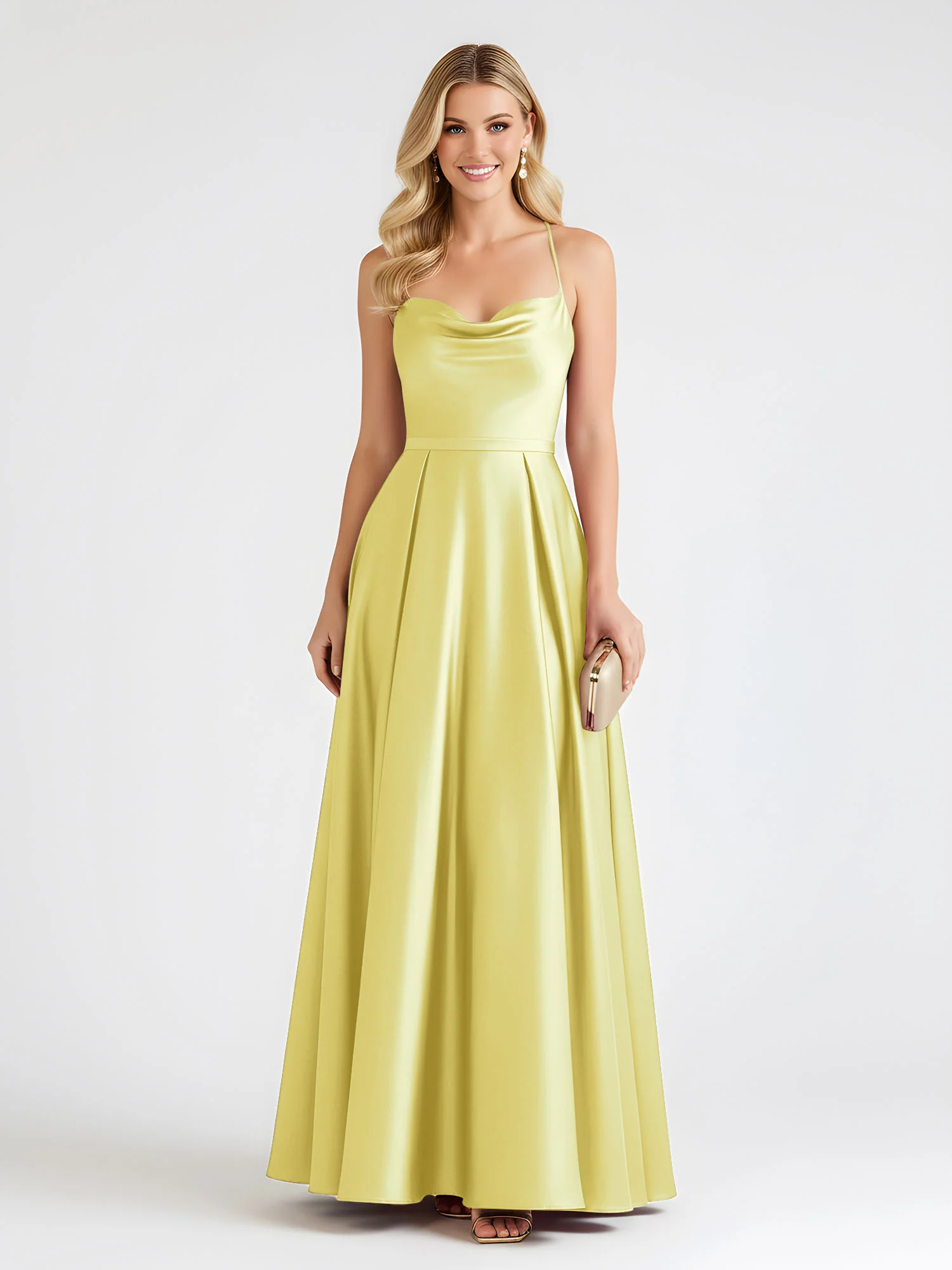 A-Line Satin Floor Length Cowl Neck Ruched Dresses Daffodil