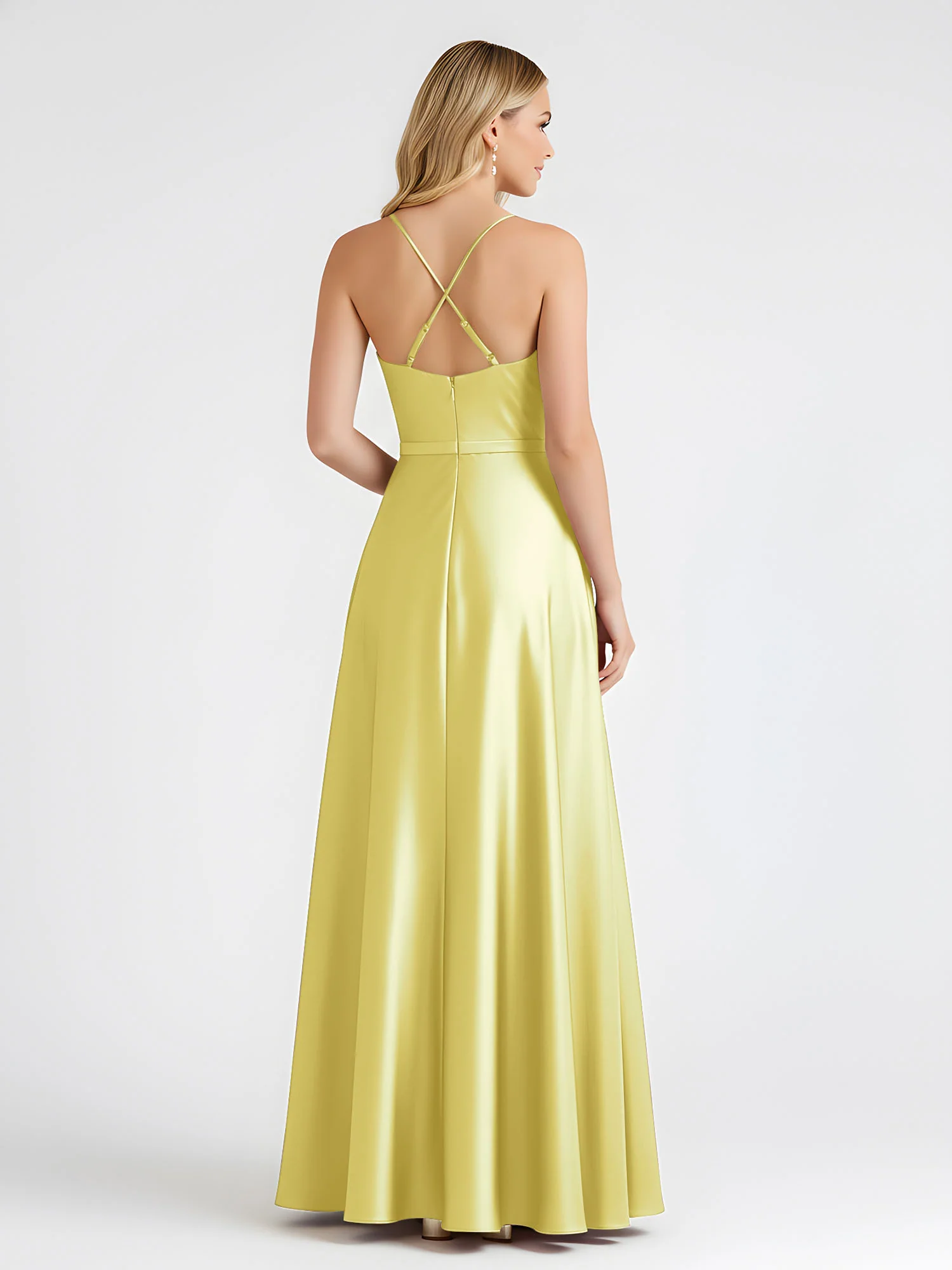A-Line Satin Floor Length Cowl Neck Ruched Dresses Daffodil - Image 2