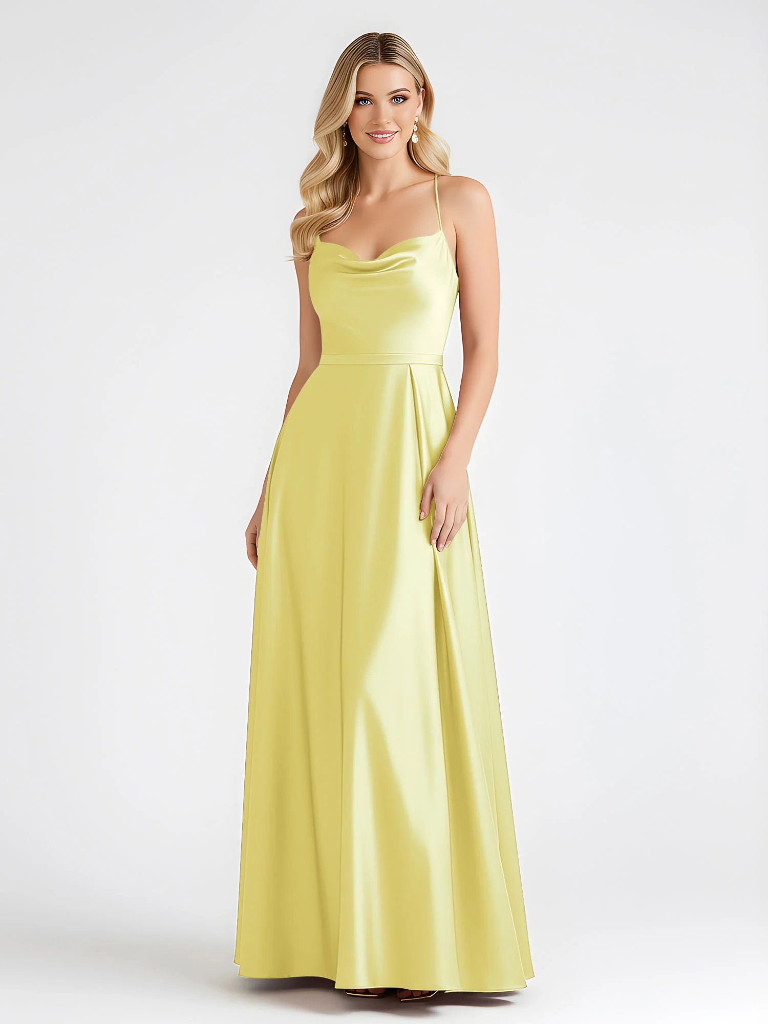 A-Line Satin Floor Length Cowl Neck Ruched Dresses Daffodil - Image 3