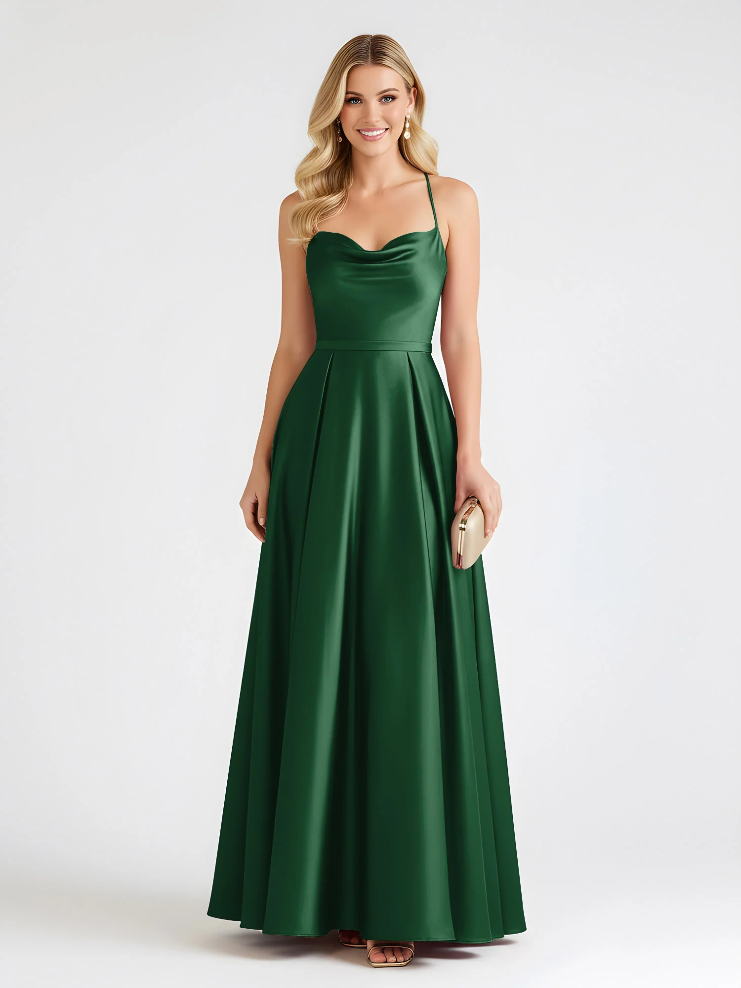 A-Line Satin Floor Length Cowl Neck Ruched Dresses Dark Green