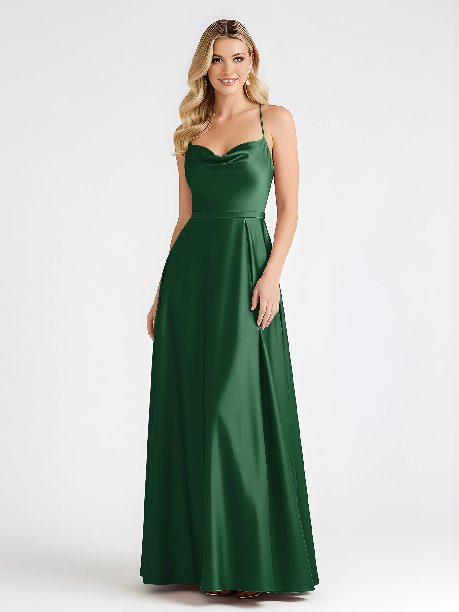 A-Line Satin Floor Length Cowl Neck Ruched Dresses Dark Green - Image 3