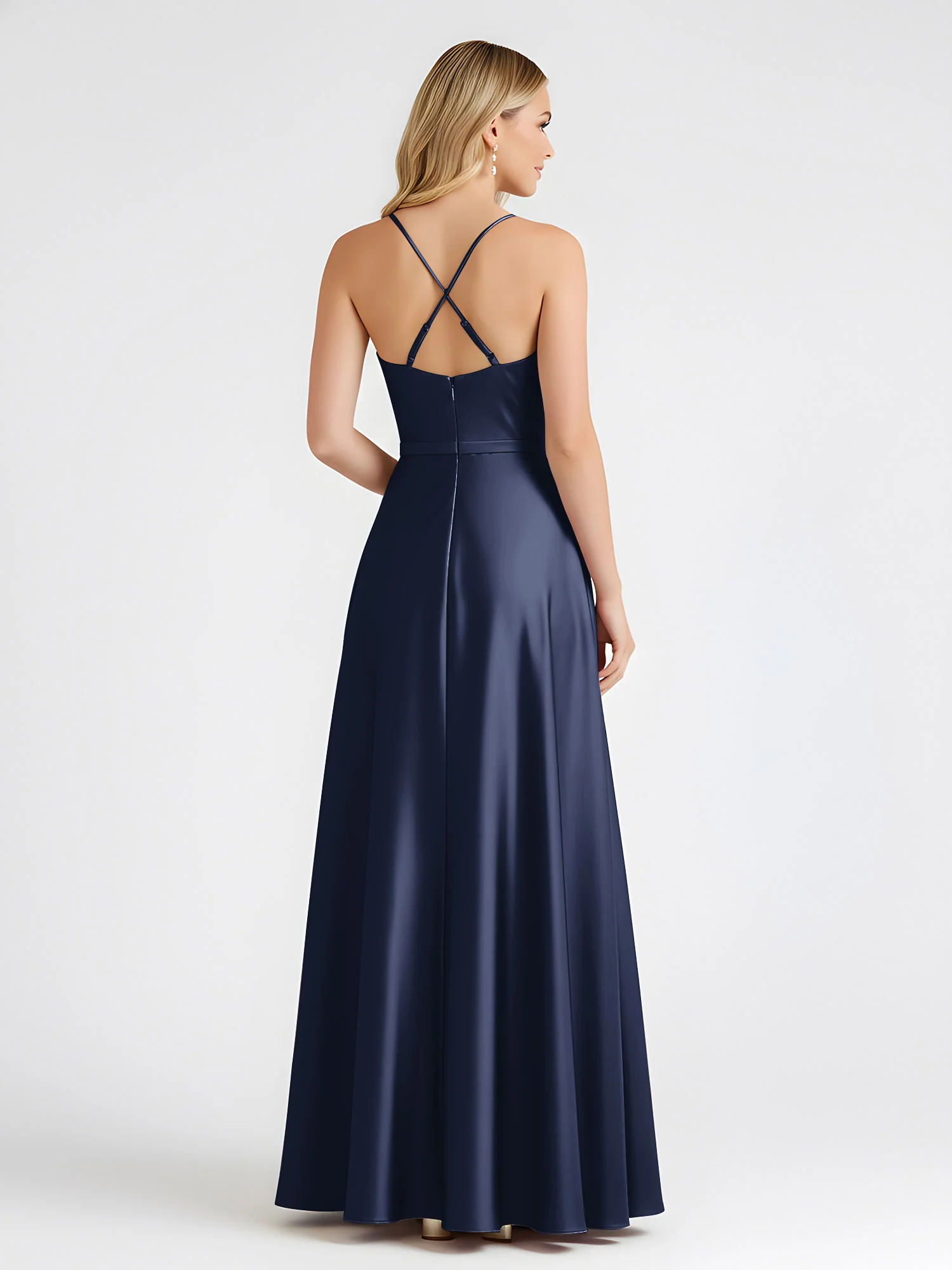 A-Line Satin Floor Length Cowl Neck Ruched Dresses Dark Navy - Image 2
