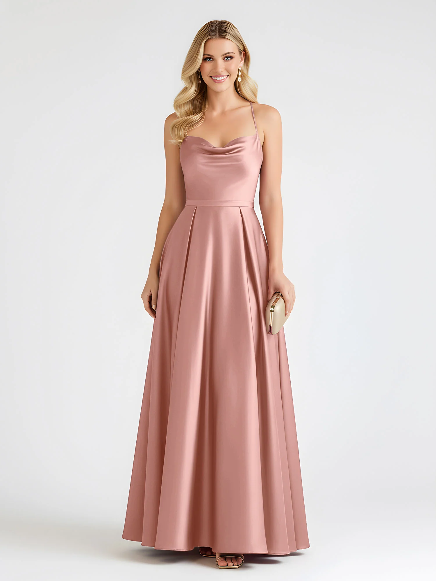 A-Line Satin Floor Length Cowl Neck Ruched Dresses Dusty Rose