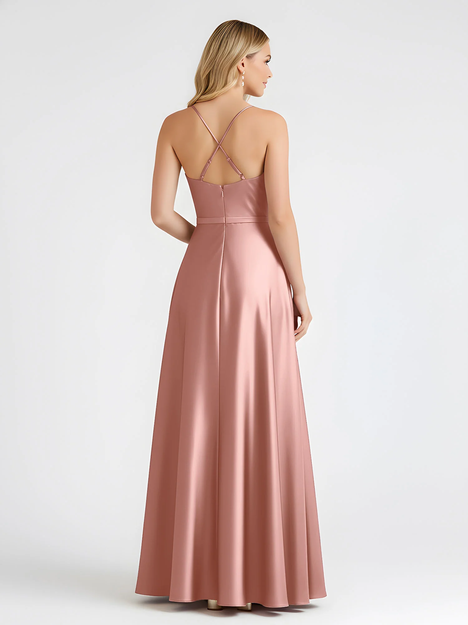 A-Line Satin Floor Length Cowl Neck Ruched Dresses Dusty Rose - Image 2