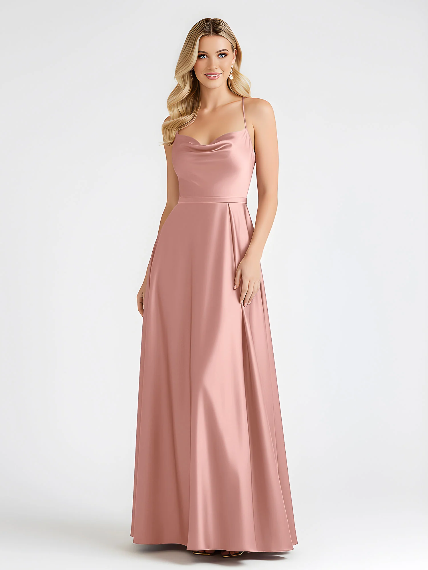 A-Line Satin Floor Length Cowl Neck Ruched Dresses Dusty Rose - Image 3