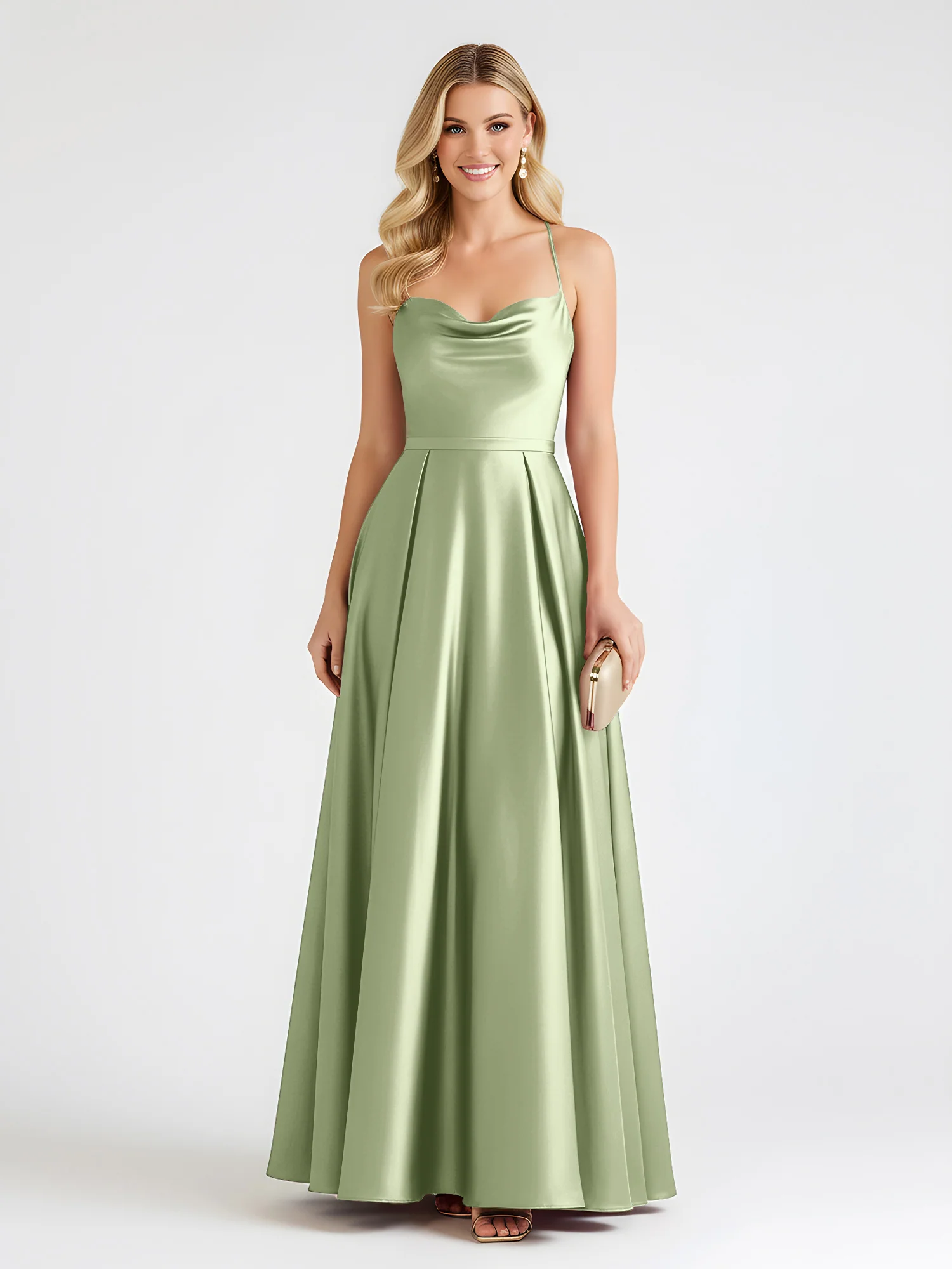 A-Line Satin Floor Length Cowl Neck Ruched Dresses Dusty Sage