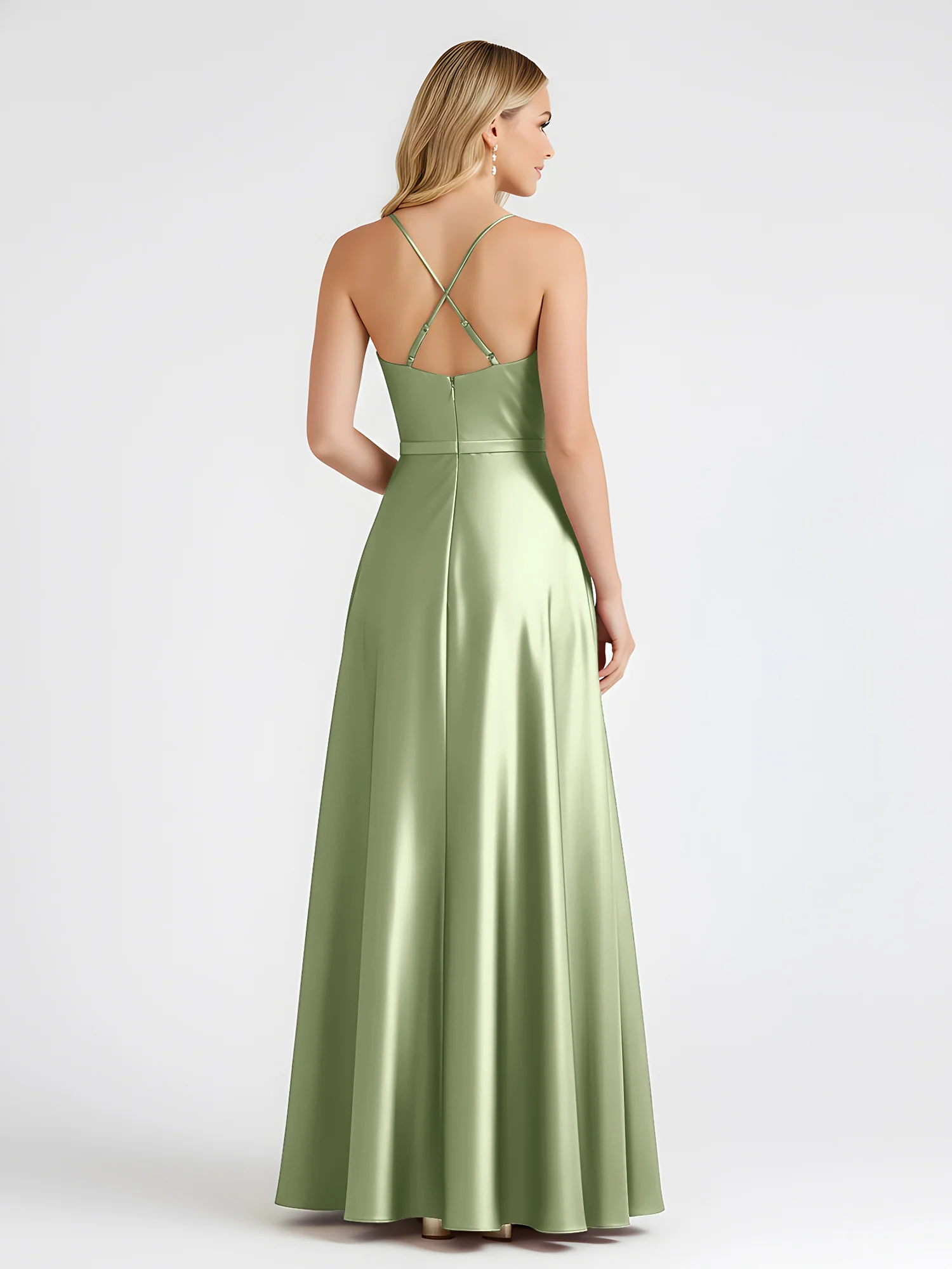 A-Line Satin Floor Length Cowl Neck Ruched Dresses Dusty Sage - Image 2