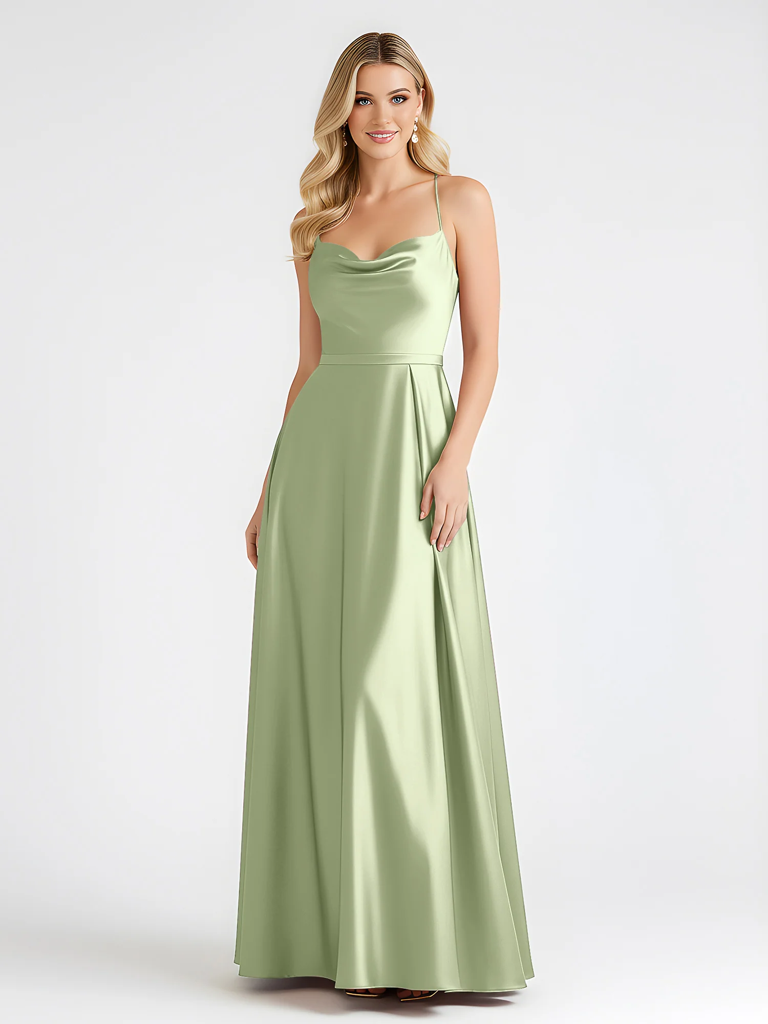 A-Line Satin Floor Length Cowl Neck Ruched Dresses Dusty Sage - Image 3