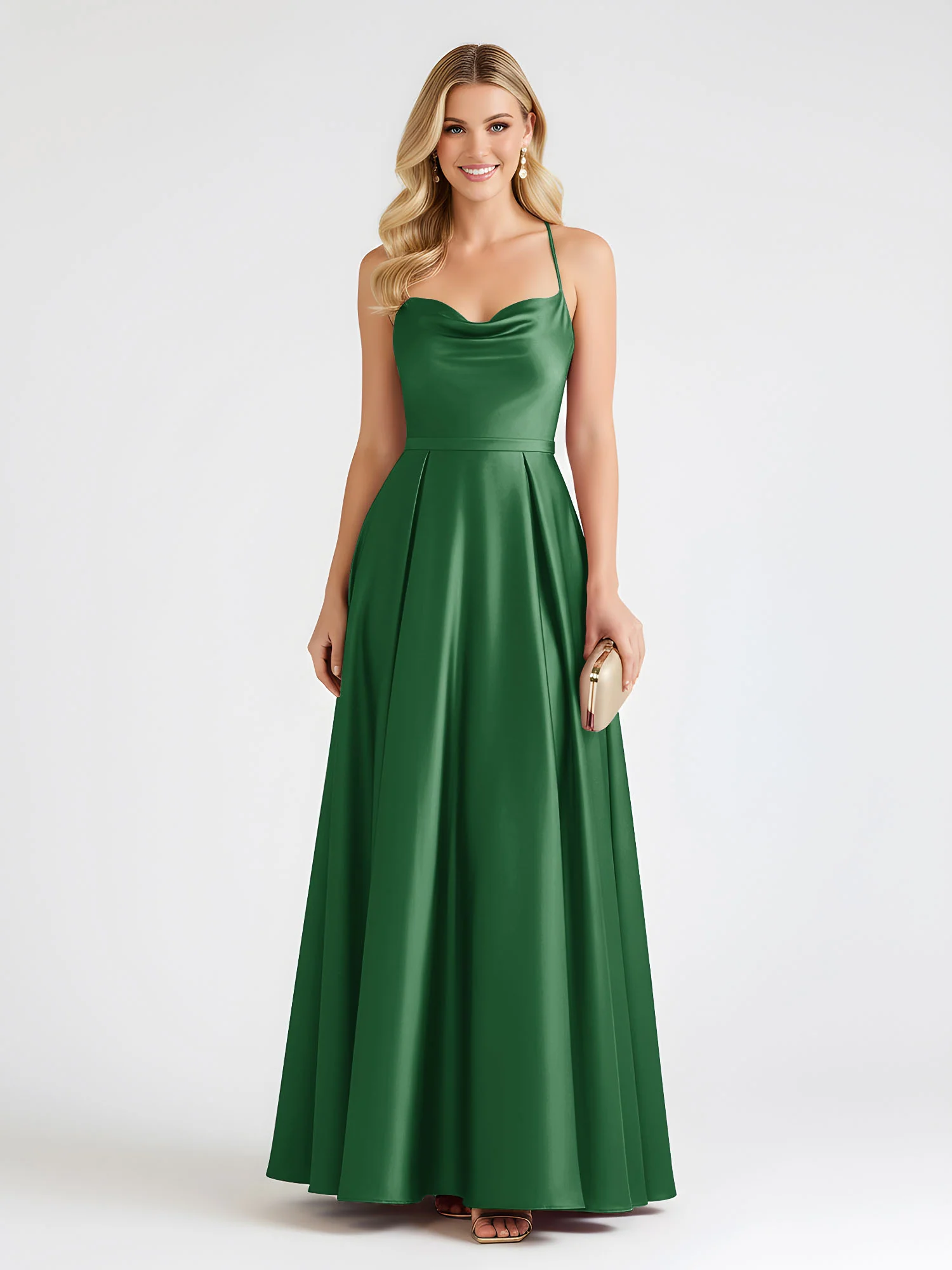 A-Line Satin Floor Length Cowl Neck Ruched Dresses Emerald