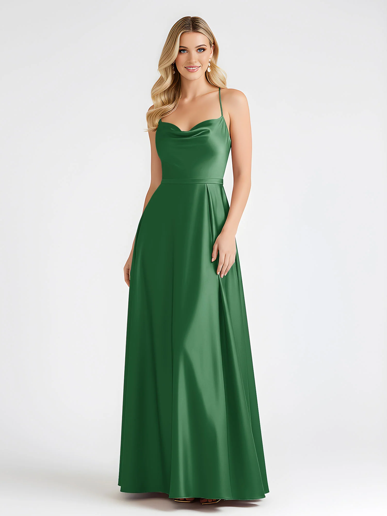 A-Line Satin Floor Length Cowl Neck Ruched Dresses Emerald - Image 3