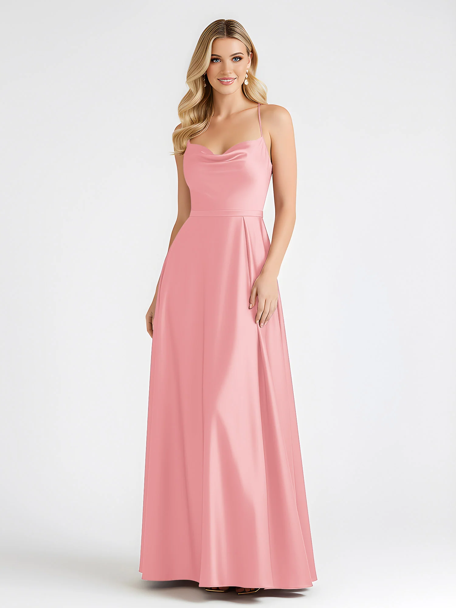 A-Line Satin Floor Length Cowl Neck Ruched Dresses Flamingo - Image 3