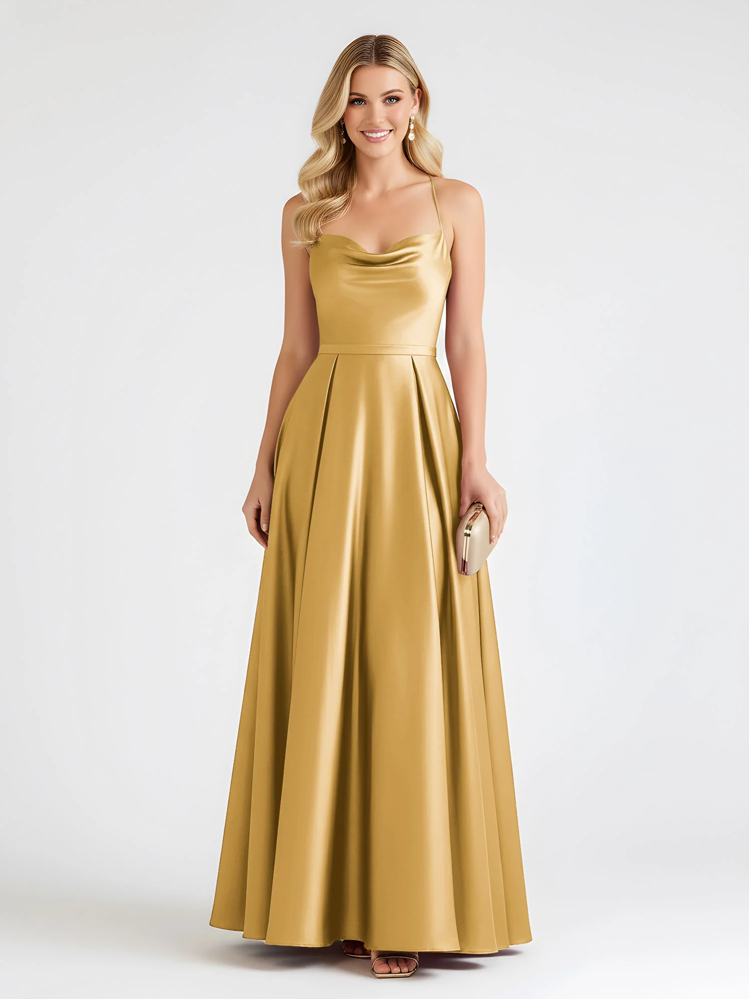 A-Line Satin Floor Length Cowl Neck Ruched Dresses Gold