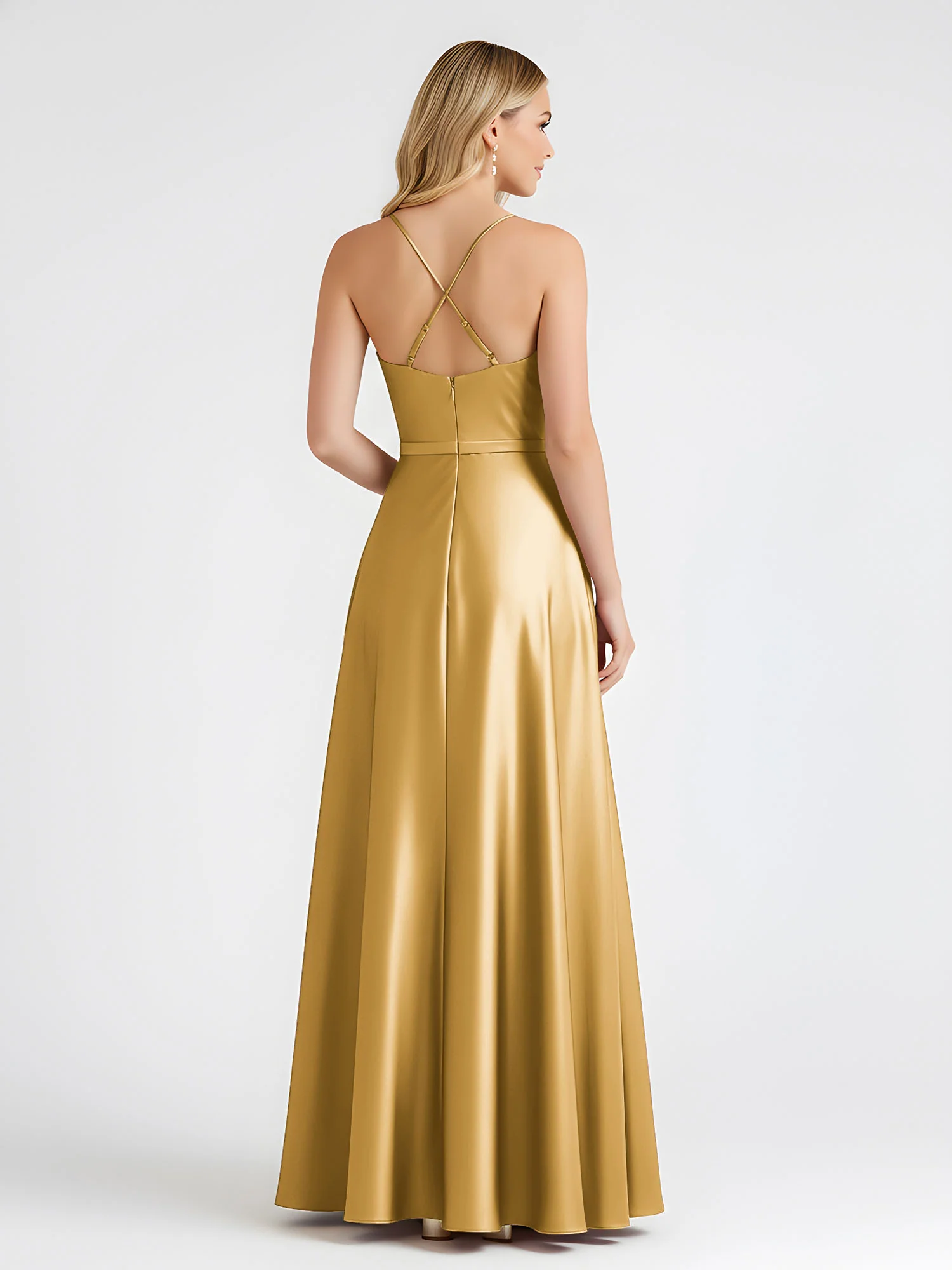 A-Line Satin Floor Length Cowl Neck Ruched Dresses Gold - Image 2