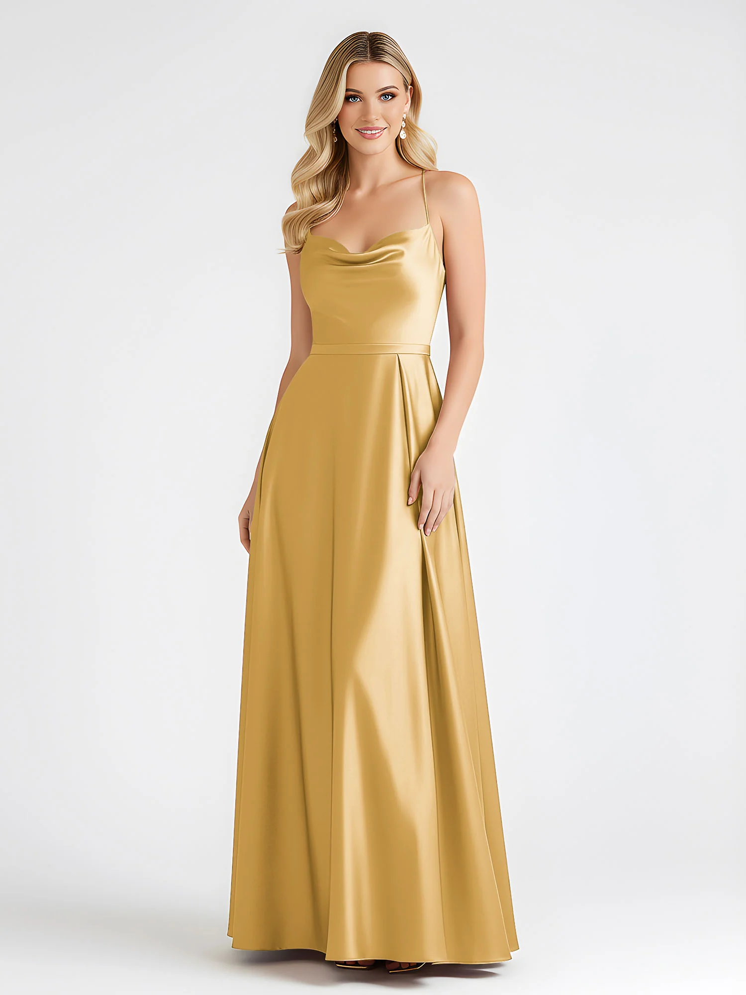 A-Line Satin Floor Length Cowl Neck Ruched Dresses Gold - Image 3
