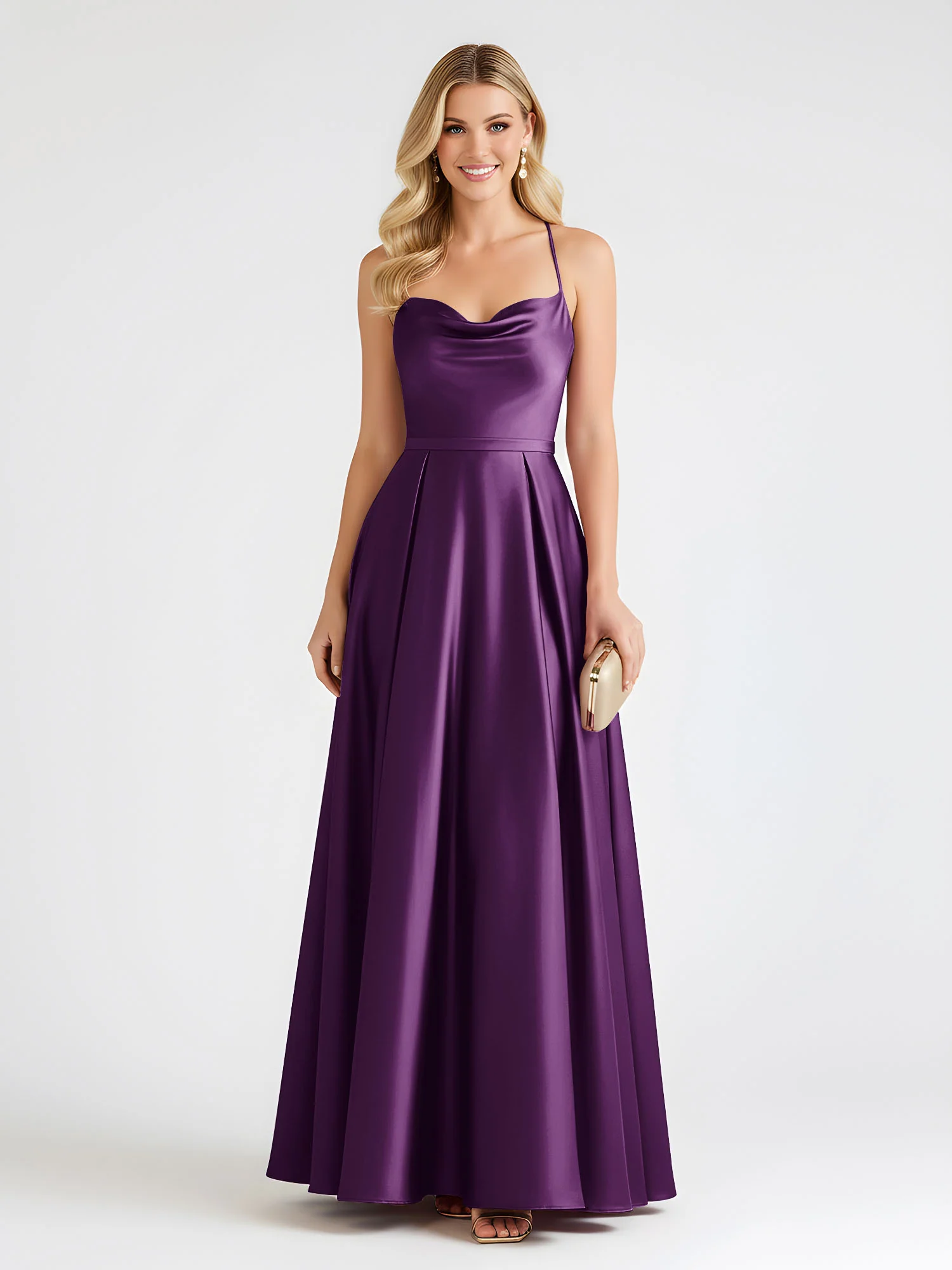 A-Line Satin Floor Length Cowl Neck Ruched Dresses Grape