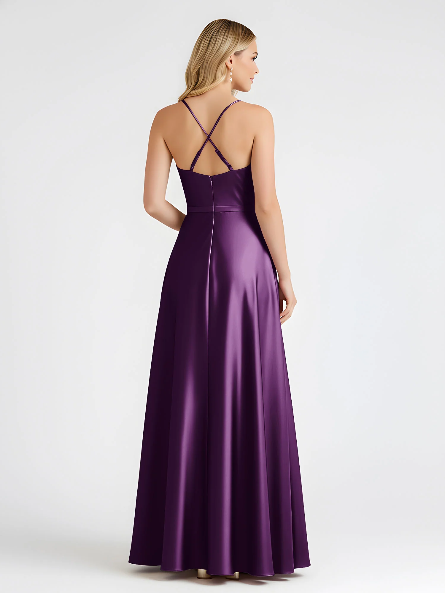 A-Line Satin Floor Length Cowl Neck Ruched Dresses Grape - Image 2