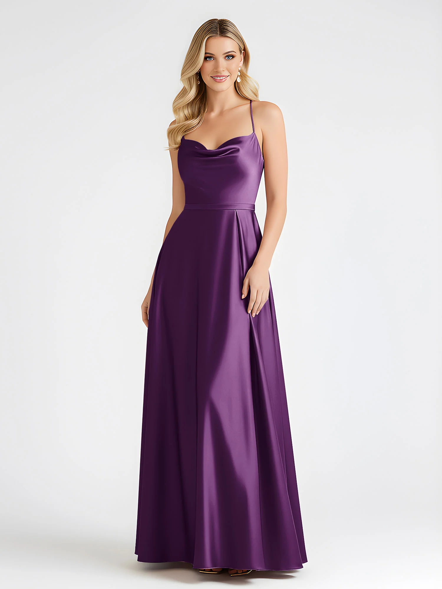 A-Line Satin Floor Length Cowl Neck Ruched Dresses Grape - Image 3