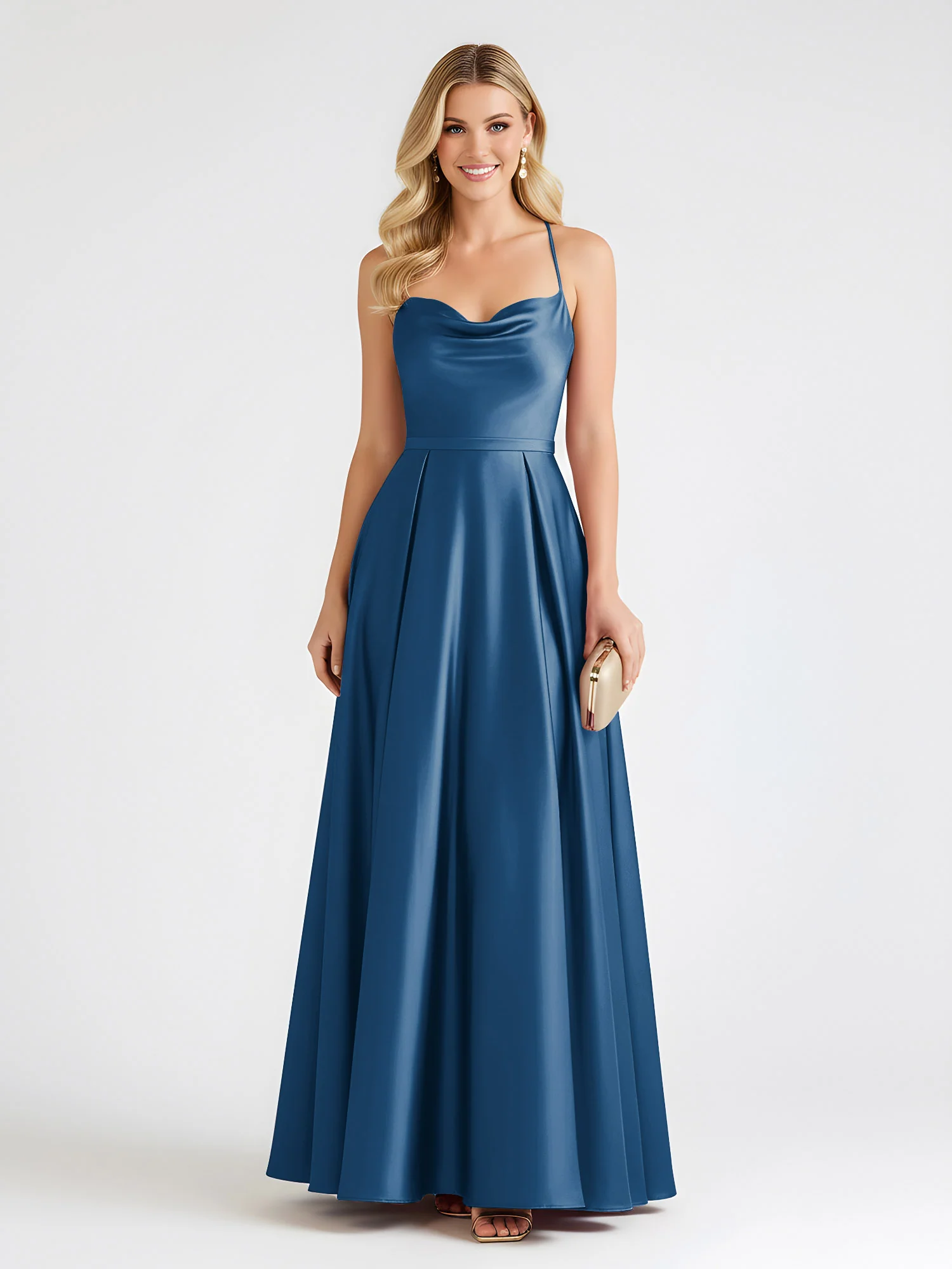 A-Line Satin Floor Length Cowl Neck Ruched Dresses Ink Blue