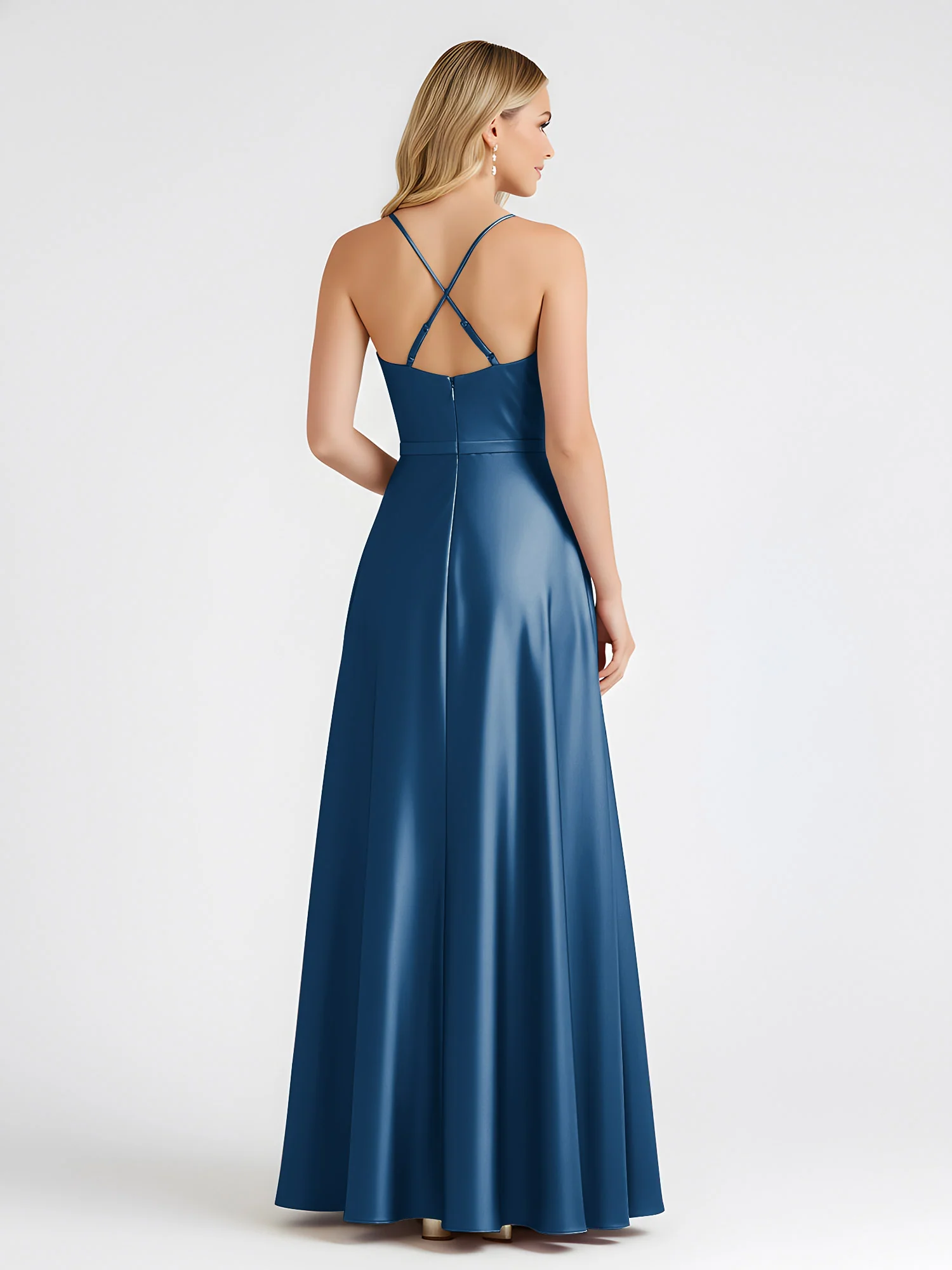 A-Line Satin Floor Length Cowl Neck Ruched Dresses Ink Blue - Image 2