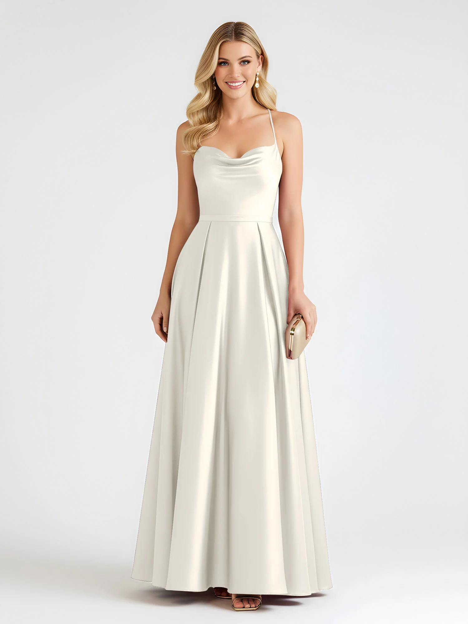 A-Line Satin Floor Length Cowl Neck Ruched Dresses Ivory