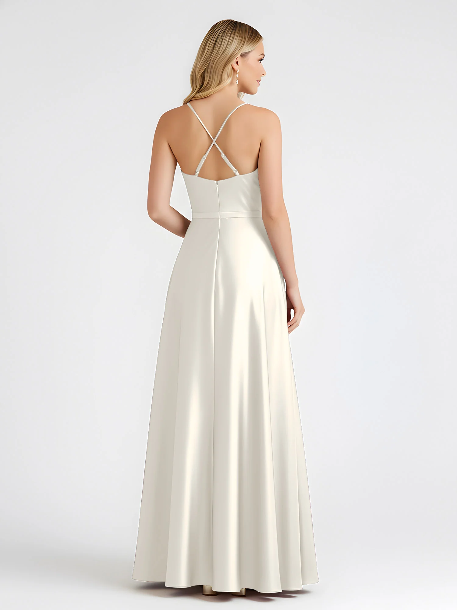 A-Line Satin Floor Length Cowl Neck Ruched Dresses Ivory - Image 2
