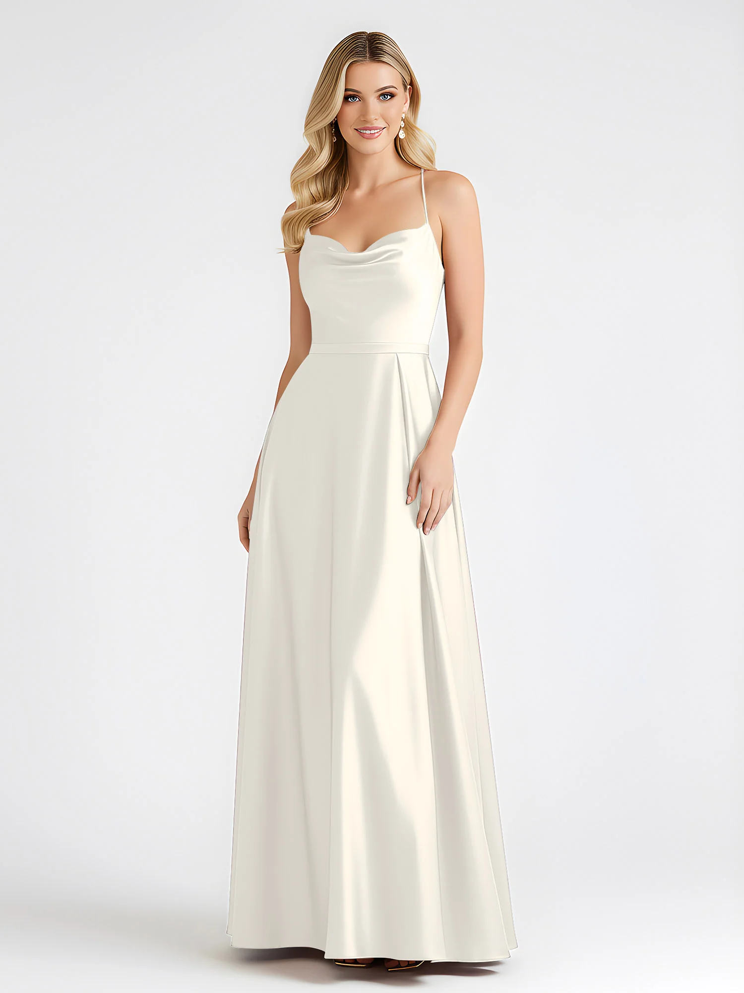 A-Line Satin Floor Length Cowl Neck Ruched Dresses Ivory - Image 3